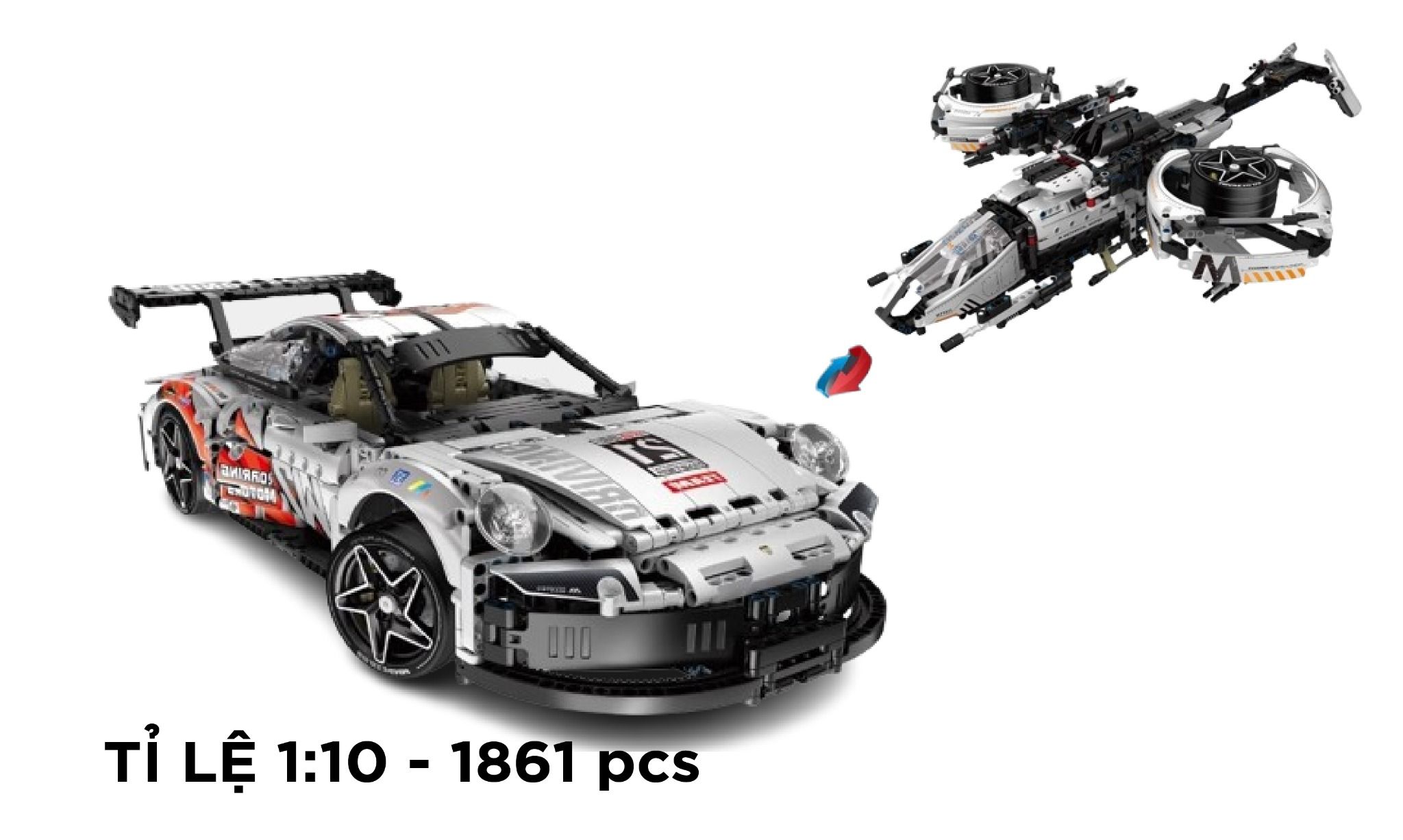  Mô hình xe ô tô lắp ghép Porsche 911 chuyển đổi 2 dạng máy bay và xe 1861 pcs tỉ lệ 1:10 LG031 