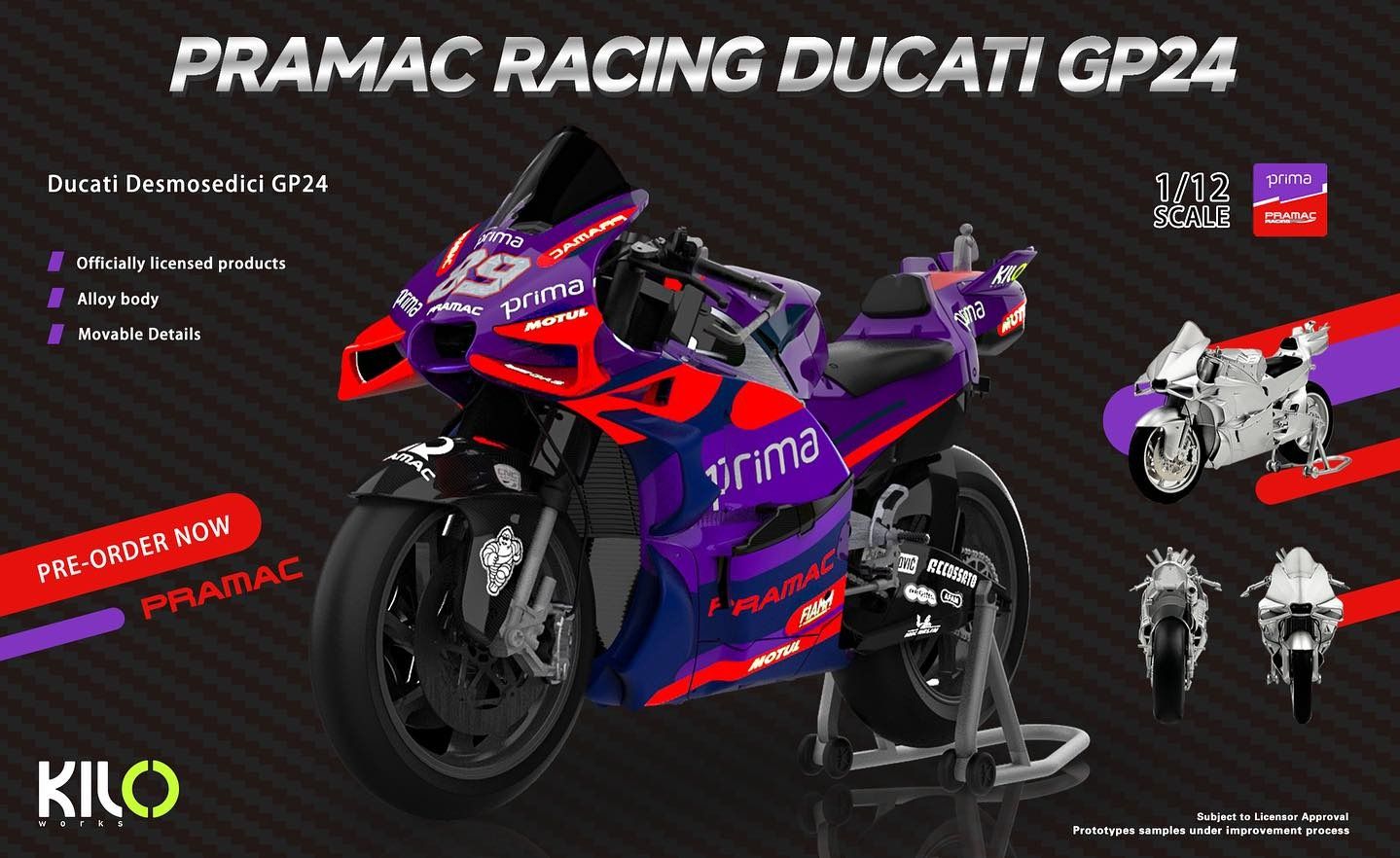 Mô hình xe mô tô GP Pramac Ducati Desmosedici GP24 tỉ lệ 1:12 Kilo Works MT12008
