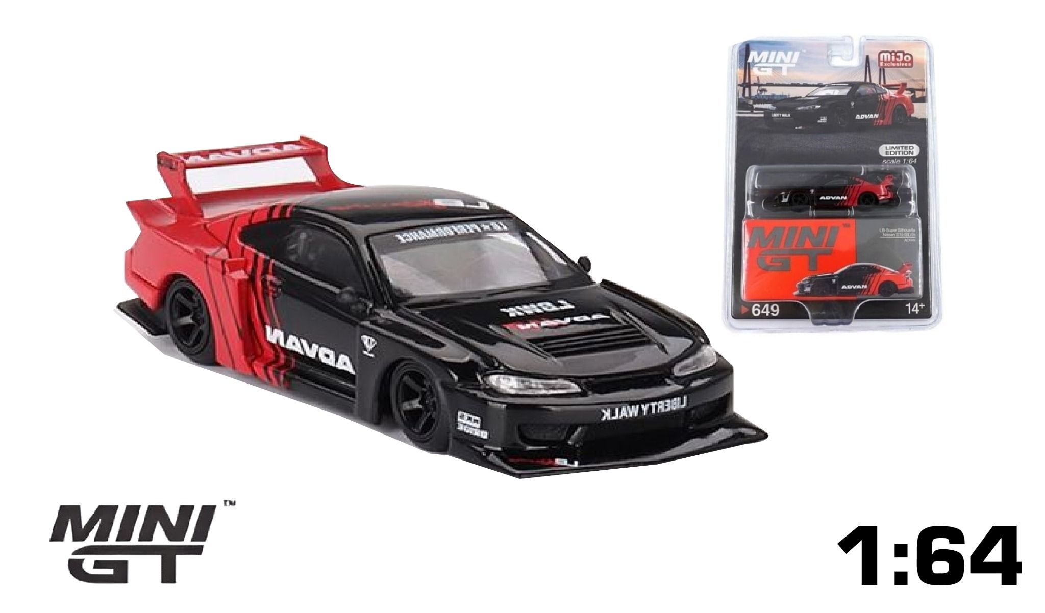 Mô hình xe Nissan LB-Super Silhouette S15 SILVIA ADVAN bản card tỉ lệ 1:64 MiniGT x Mijo MGT00649-MJ