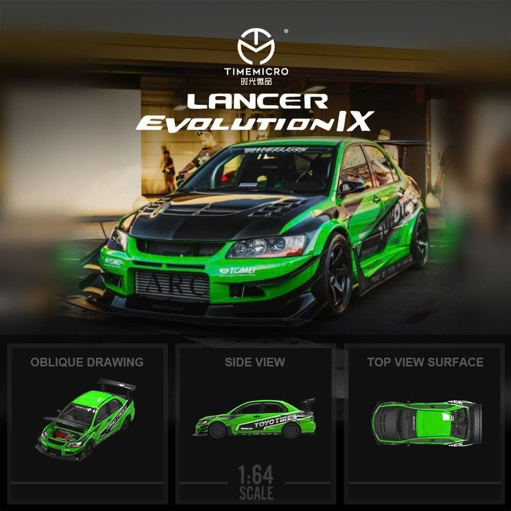 Mô hình xe Mitsubishi Lancer IX racing green Toyotired limited edition 999pcs tỉ lệ 1:64 Time micro TM800206