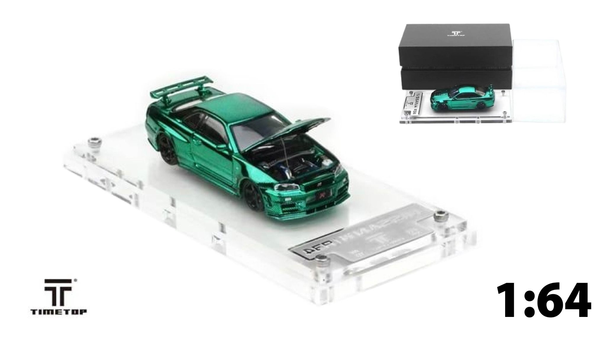 Mô hình xe Nissan Skyline GTR-R34 Full Carbon Green tỉ lệ 1:64 Time Top TT643428