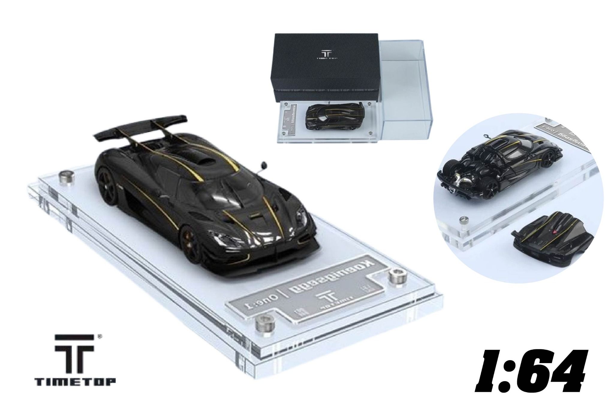 Mô hình xe Koenigsegg One:1 Carbon fiber yellow line tỉ lệ 1:64 Time top TT644805