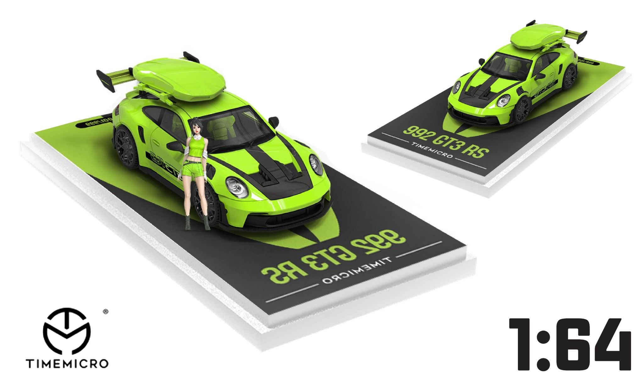 Mô hình xe Porsche 992 GT3 RS green paint có phụ kiện đi kèm trên nóc tỉ lệ 1:64 Time micro TM644632