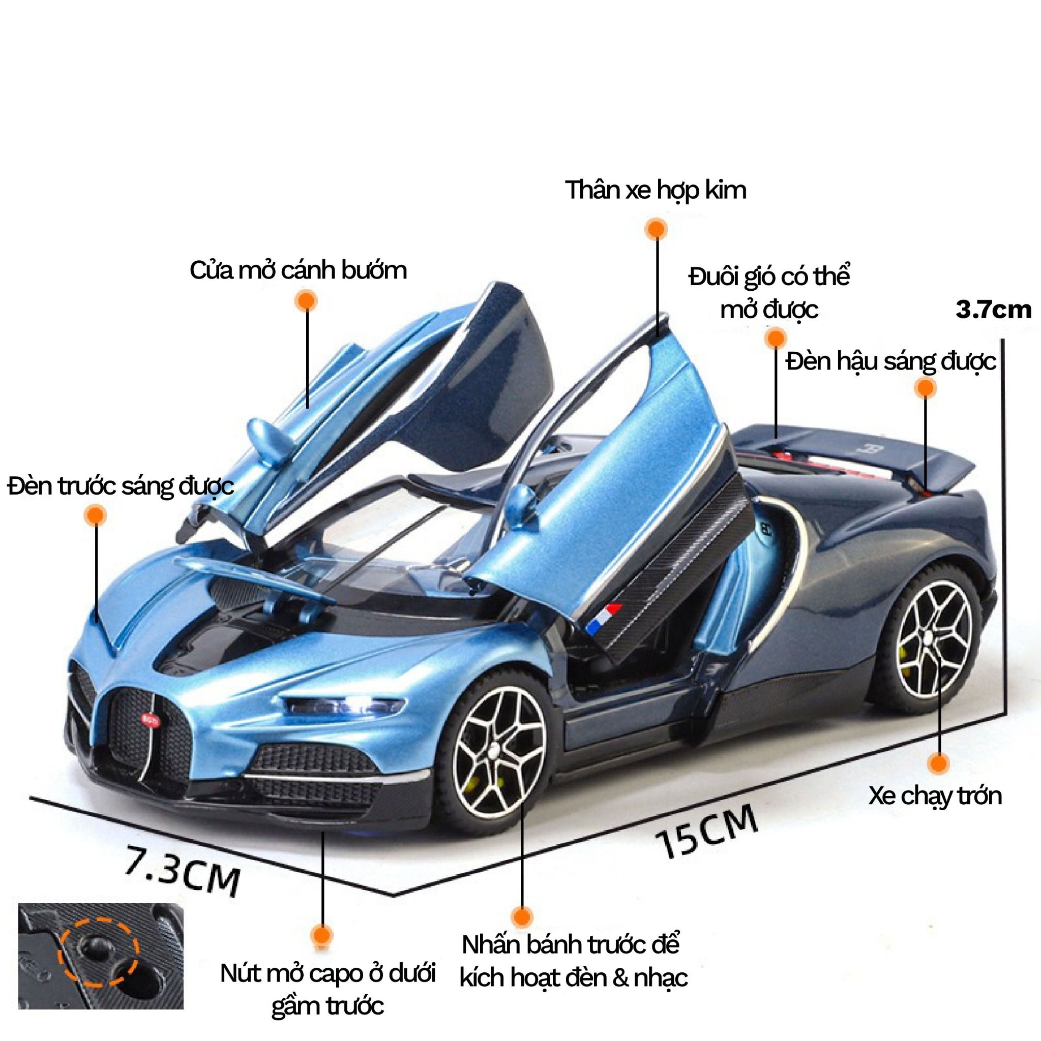 Mô hình xe Bugatti Tourbillon full open - đèn nhạc tỉ lệ 1:32 Alloy Model OT32050