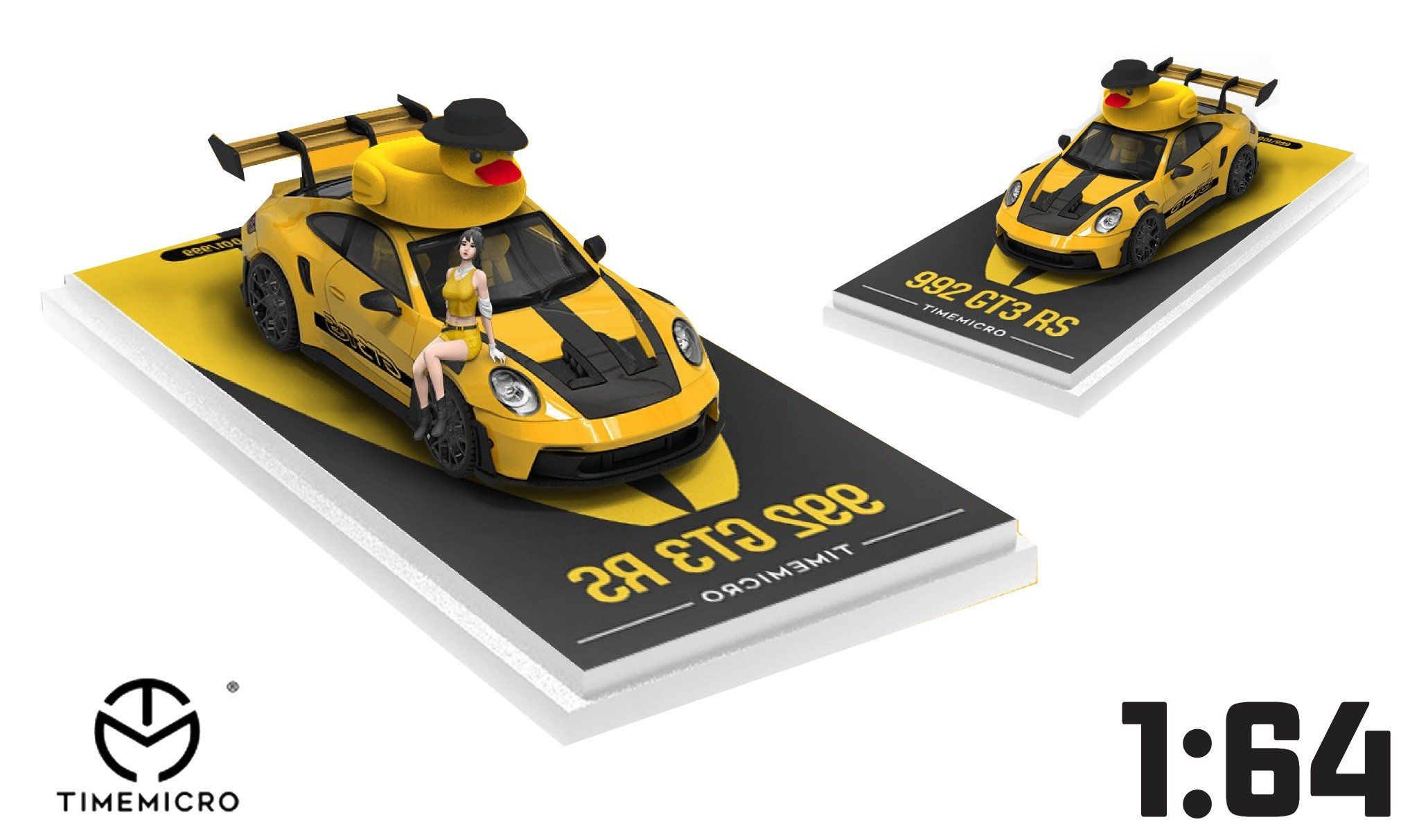 Mô hình xe Porsche 992 GT3 RS yellow paint có phụ kiện đi kèm trên nóc tỉ lệ 1:64 Time micro TM644633