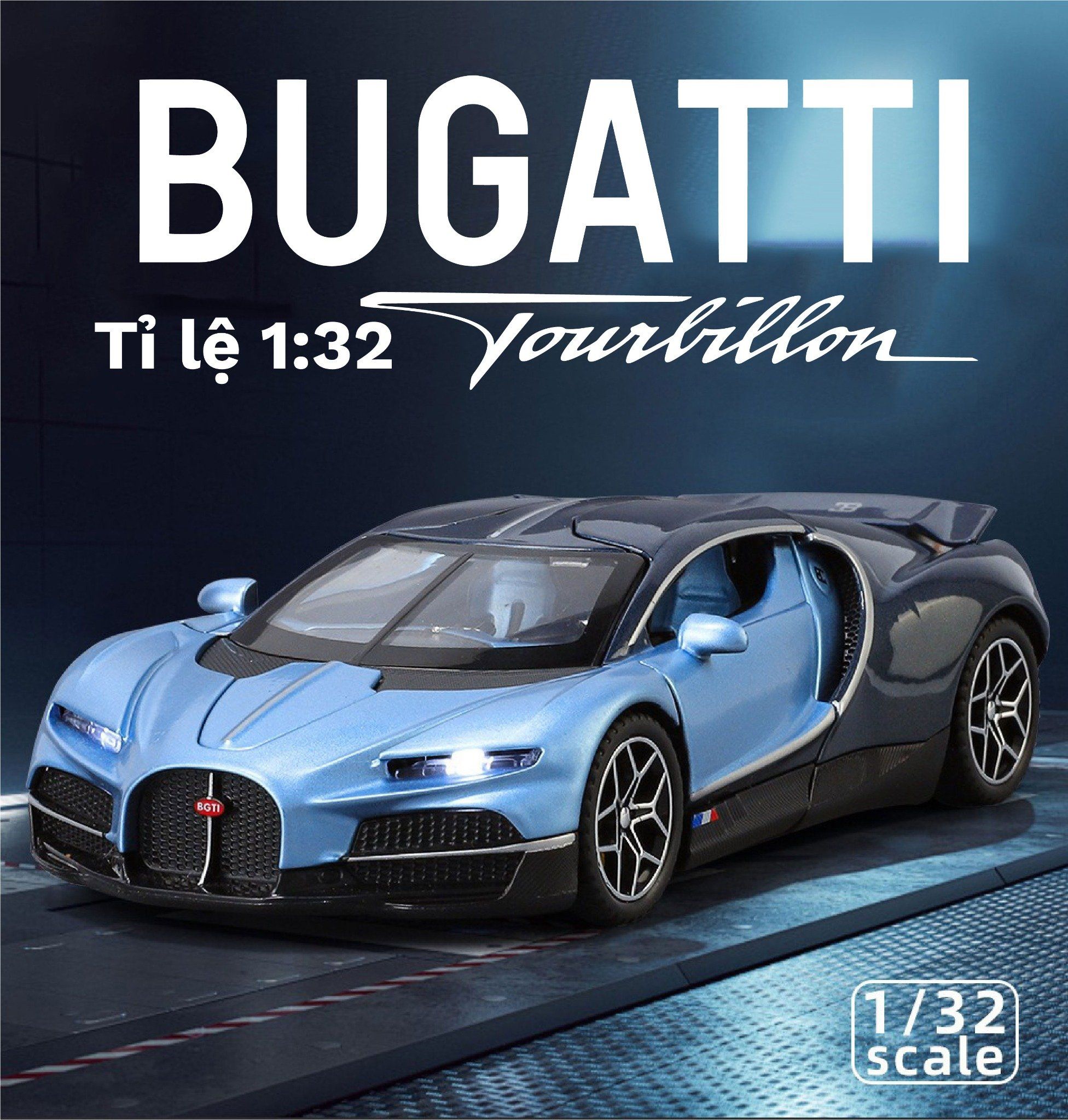 Mô hình xe Bugatti Tourbillon full open - đèn nhạc tỉ lệ 1:32 Alloy Model OT32050