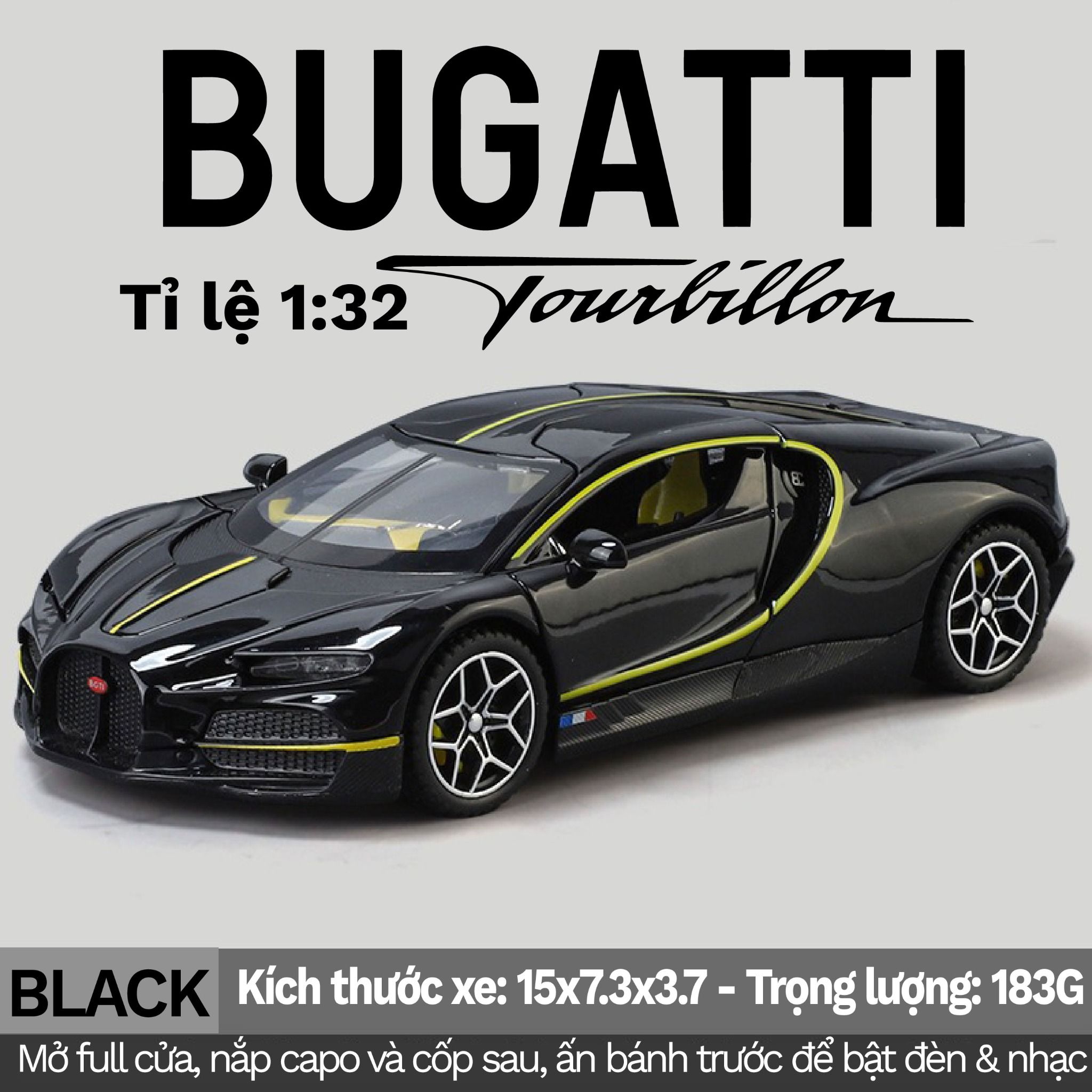 Mô hình xe Bugatti Tourbillon full open - đèn nhạc tỉ lệ 1:32 Alloy Model OT32050