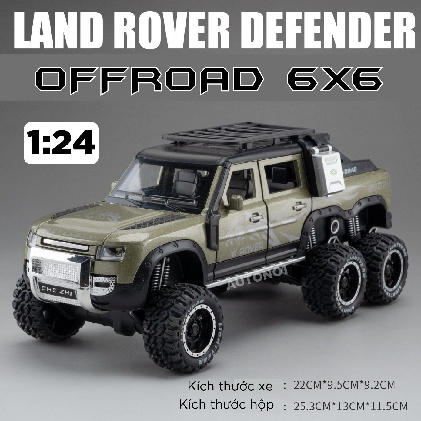 Mô hình xe Land Rover Defender 6x6 Offroad có đèn có âm thanh tỉ lệ 1:24 Chezhi OT430