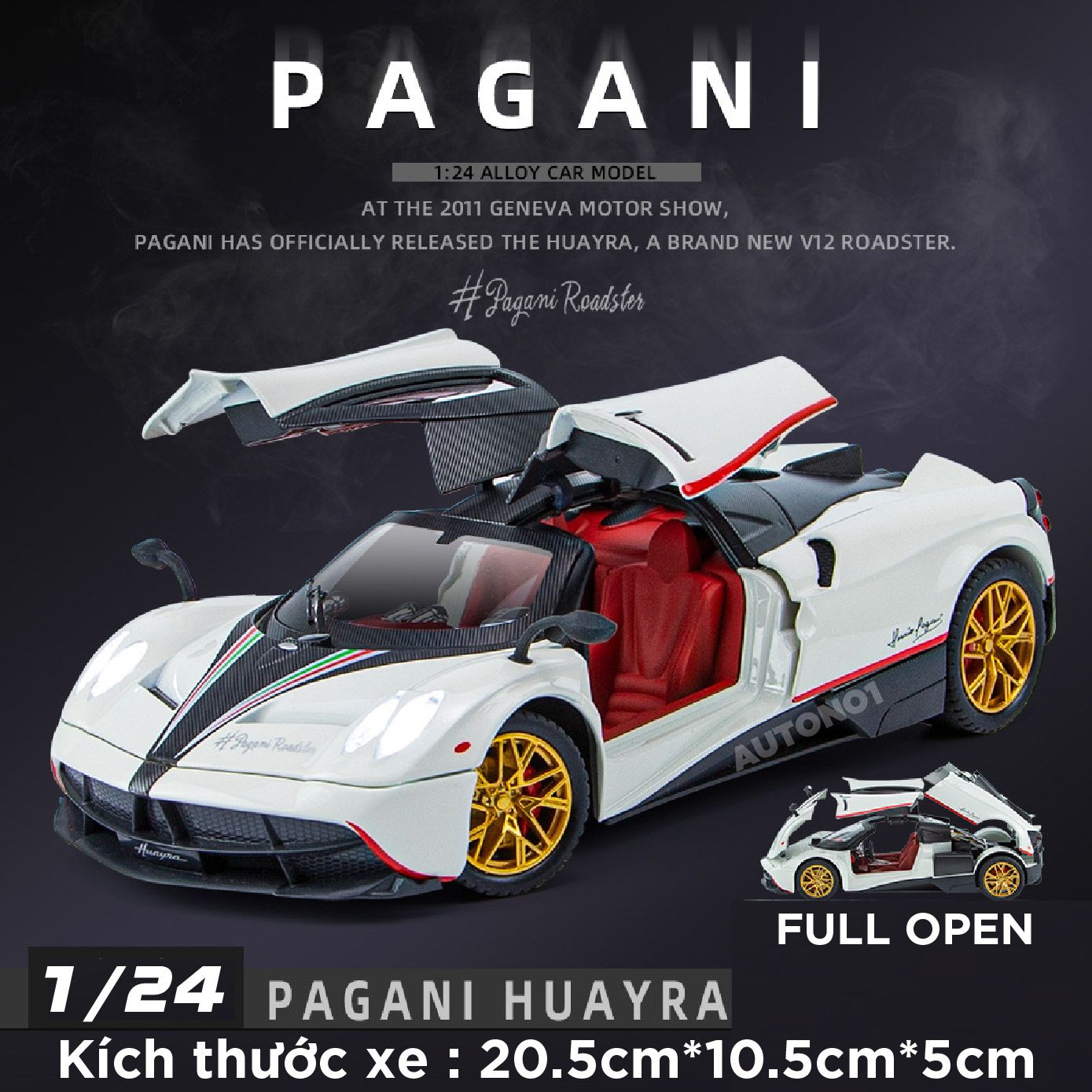 Mô hình xe Pagani Huayra Dinastia phun khói - đánh lái được - full open tỉ lệ 1:24 Chezhi OT479