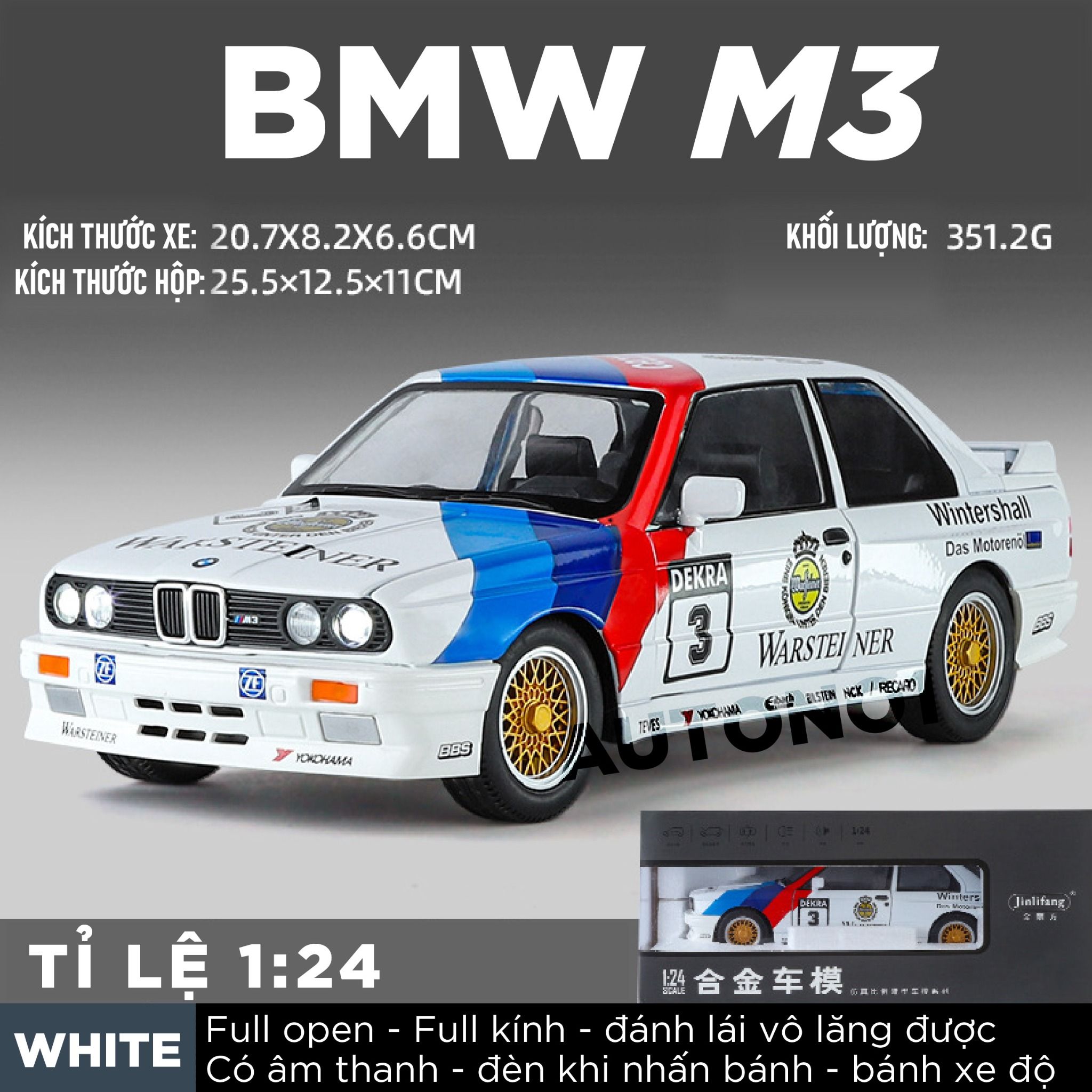 Mô hình xe BMW M3 series racing full open - full kính - đánh lái được tỉ lệ 1:24 JinliFang OT24039