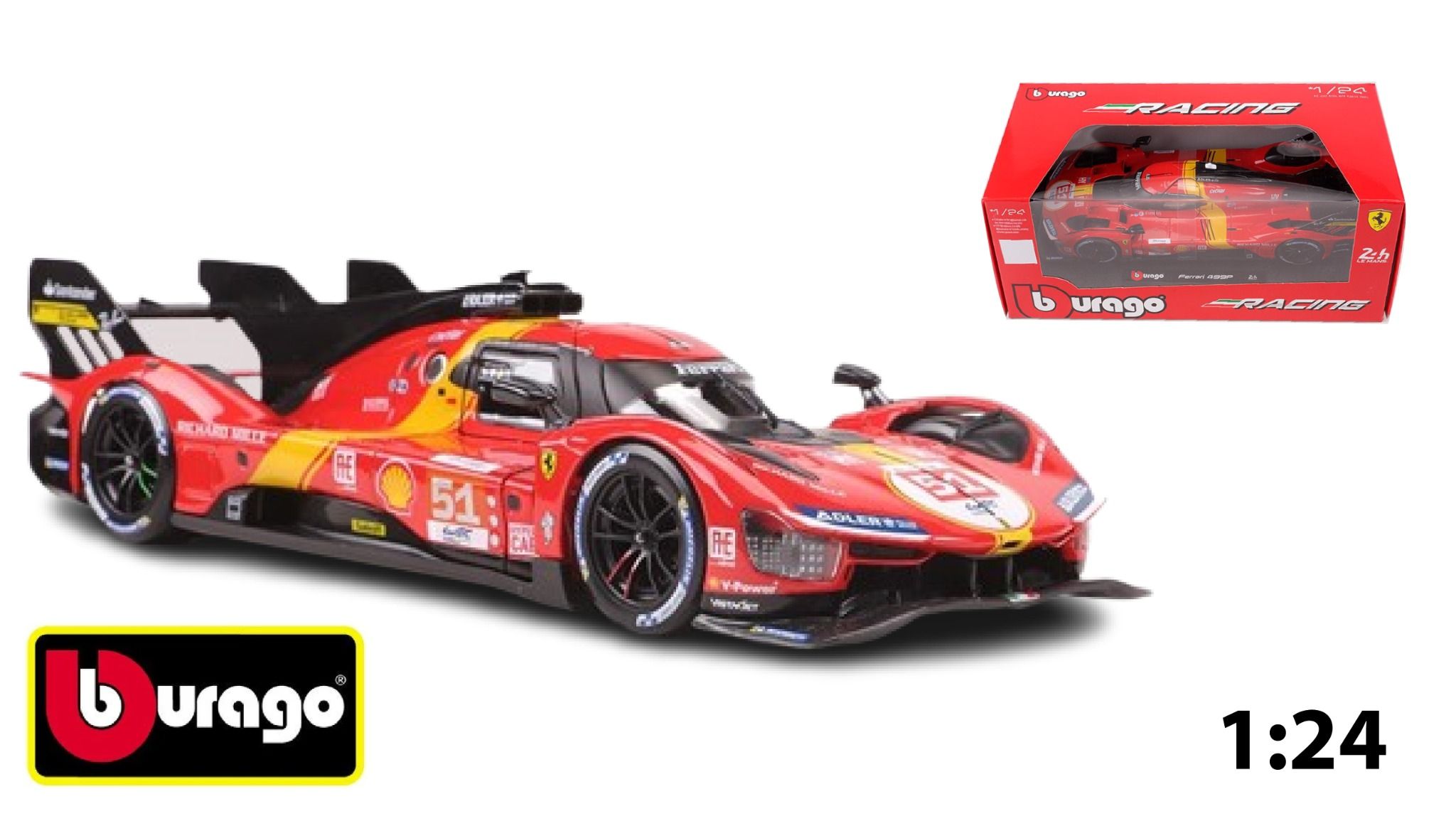 Mô hình xe Ferrari 499P 3.0L turbo V6 #51 team Ferrari Corse 24h Le Mans 2023 tỉ lệ 1:24 Bburago 18-26309 OT467