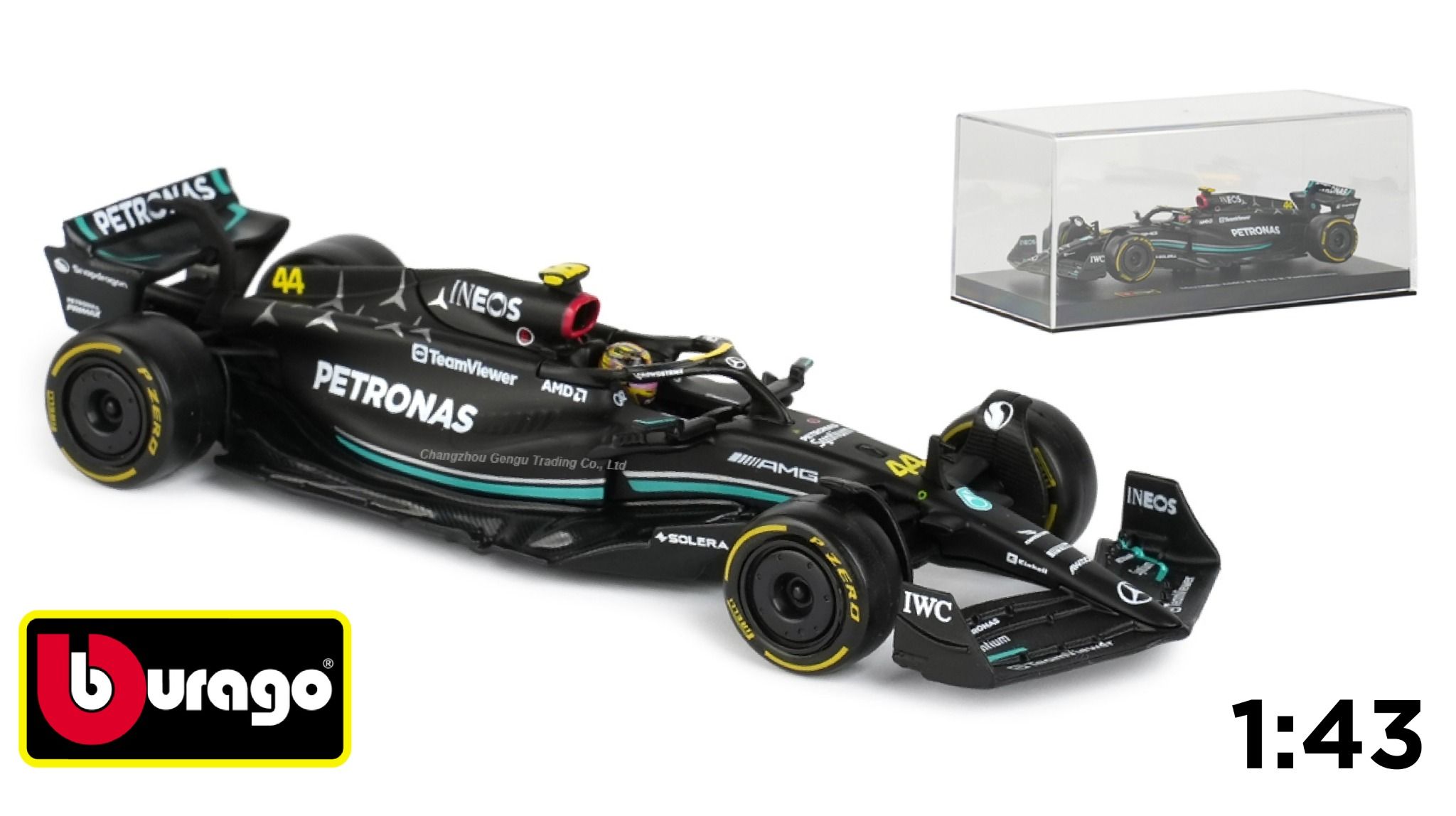 Mô hình xe đua F1 Formula Mercedes Benz Petronas 2023 W14 hộp mica có figure tỉ lệ 1:43 Bburago OT324 18-38081