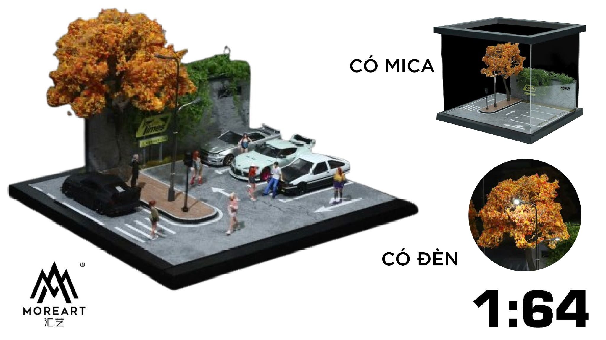 Hộp trưng bày mô phỏng bãi giữ xe có phụ kiện + đèn đường + có mica tỉ lệ 1:64 More Art MO960203