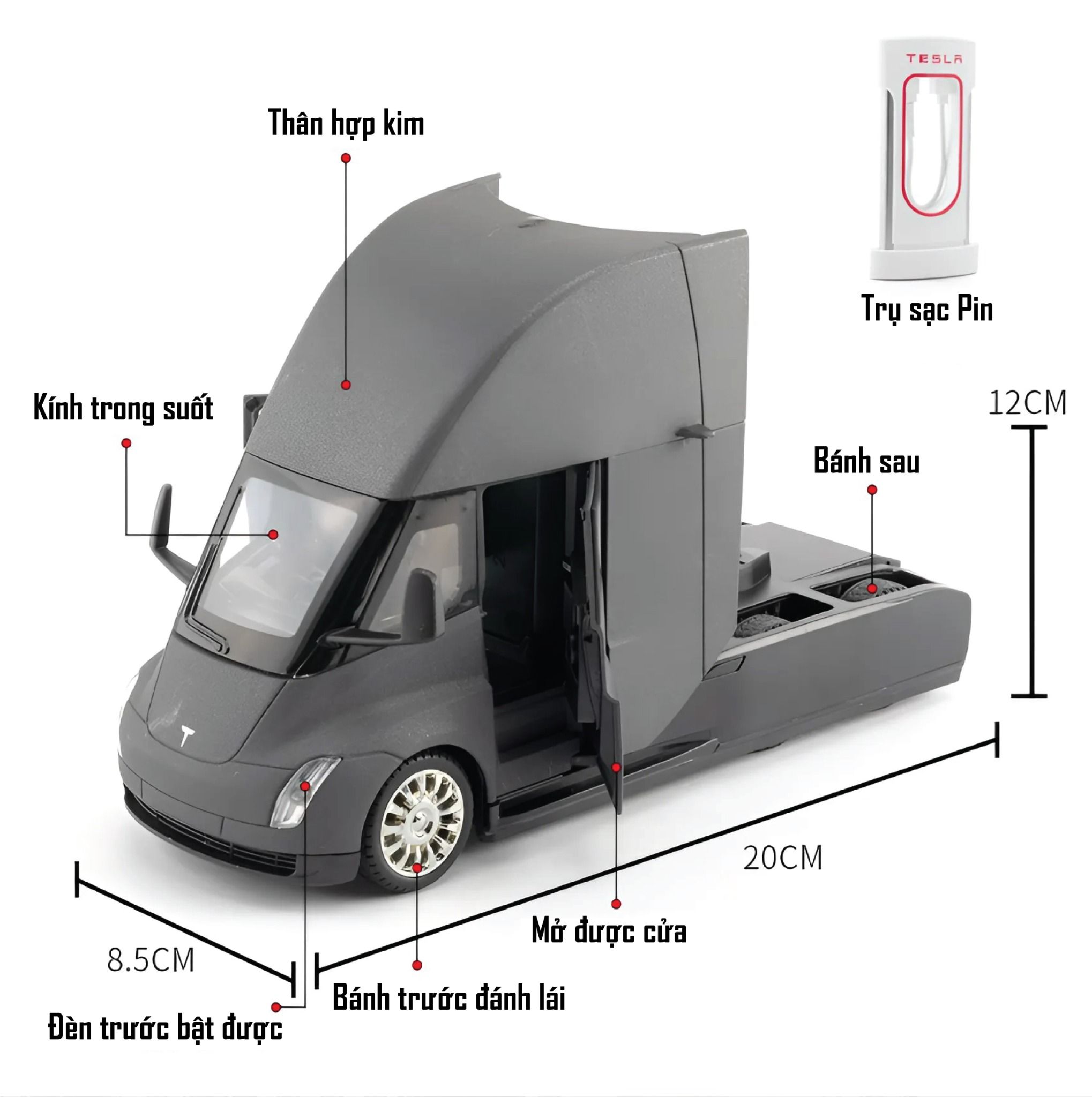Mô hình xe đầu kéo Tesla Semi Truck full open, có phụ kiện đi kèm tỉ lệ 1:24 XHD Model OT24069
