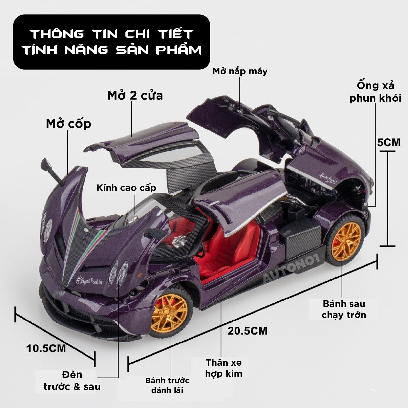Mô hình xe Pagani Huayra Dinastia phun khói - đánh lái được - full open tỉ lệ 1:24 Chezhi OT479
