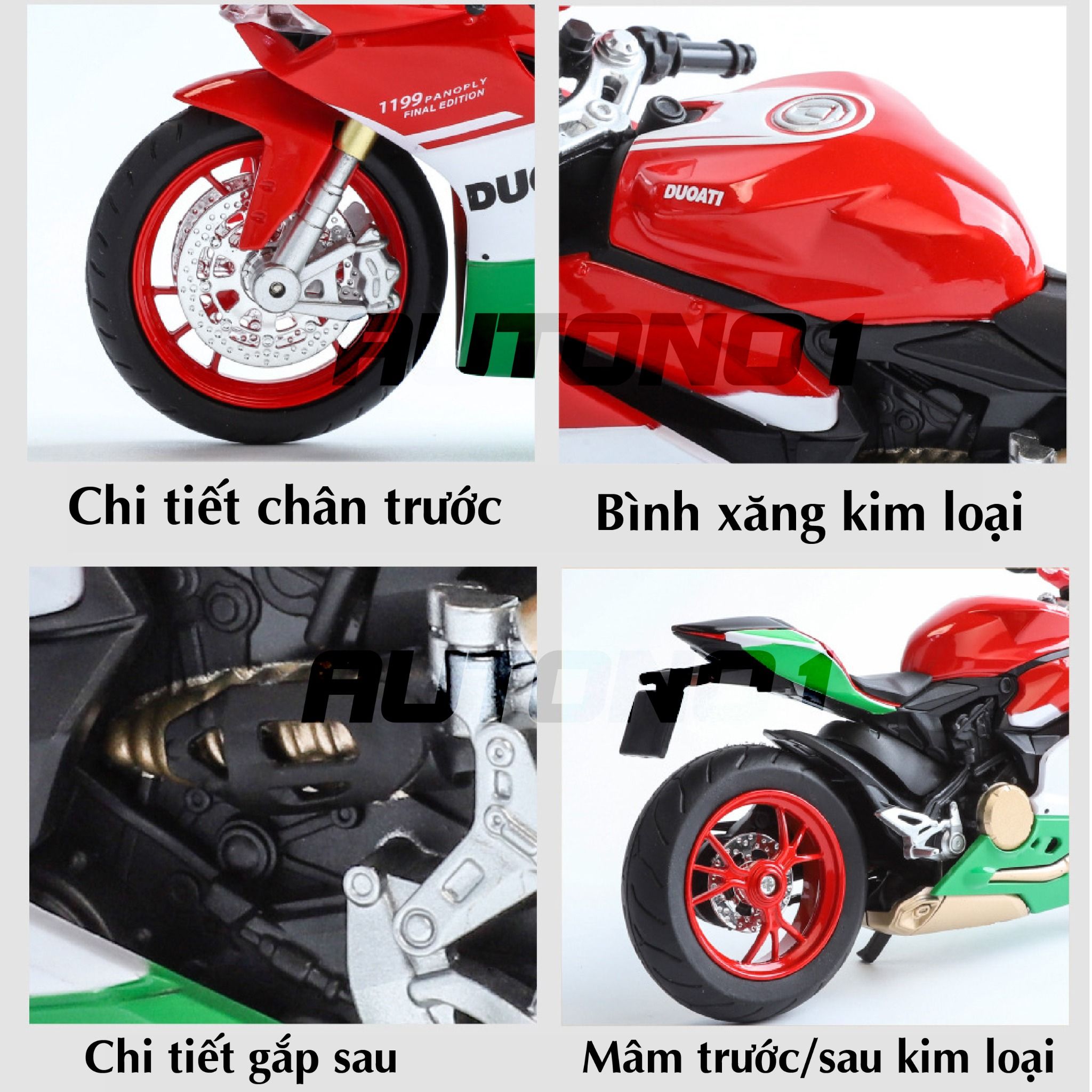 Mô hình xe mô tô Ducati Final Edition - 1199 tricolor có ben nâng - đèn - âm thanh tỉ lệ 1:12 Huayi Alloy MT088