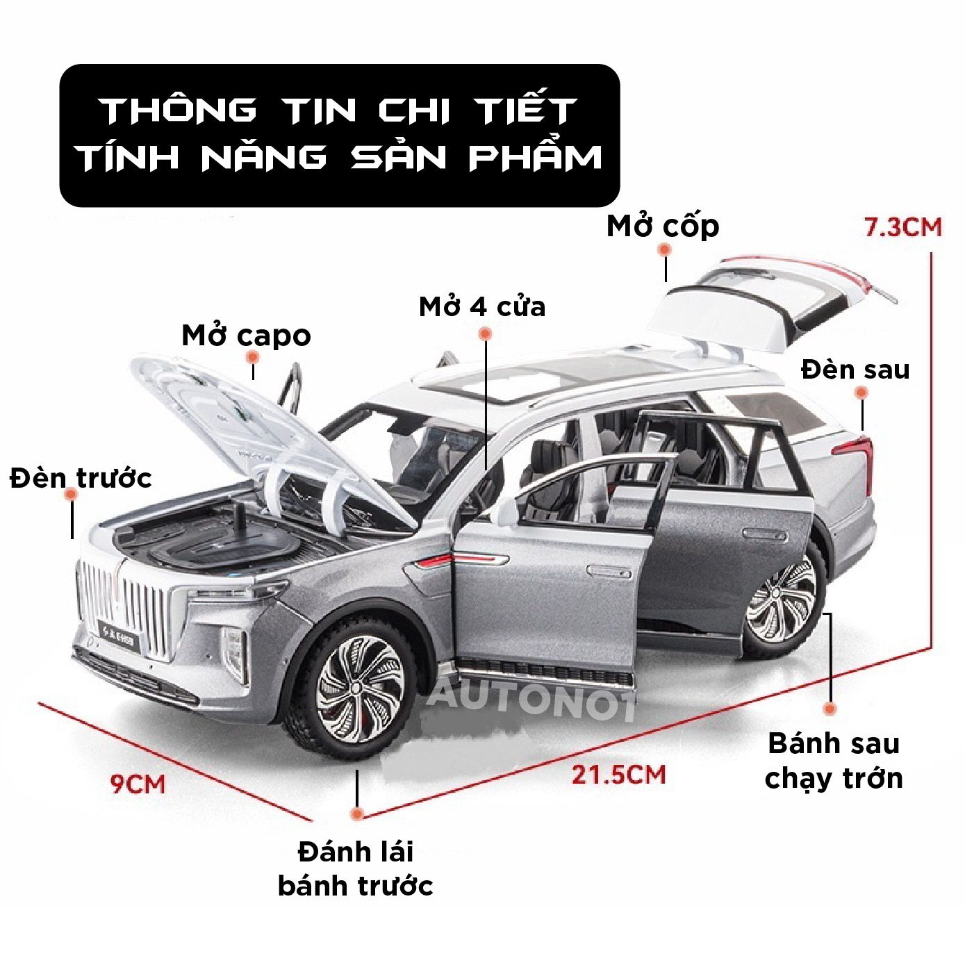 Mô hình xe Hongqi\Hồng Kỳ E-HS9 full open có đèn có âm thanh tỉ lệ 1:24 Chezhi OT439