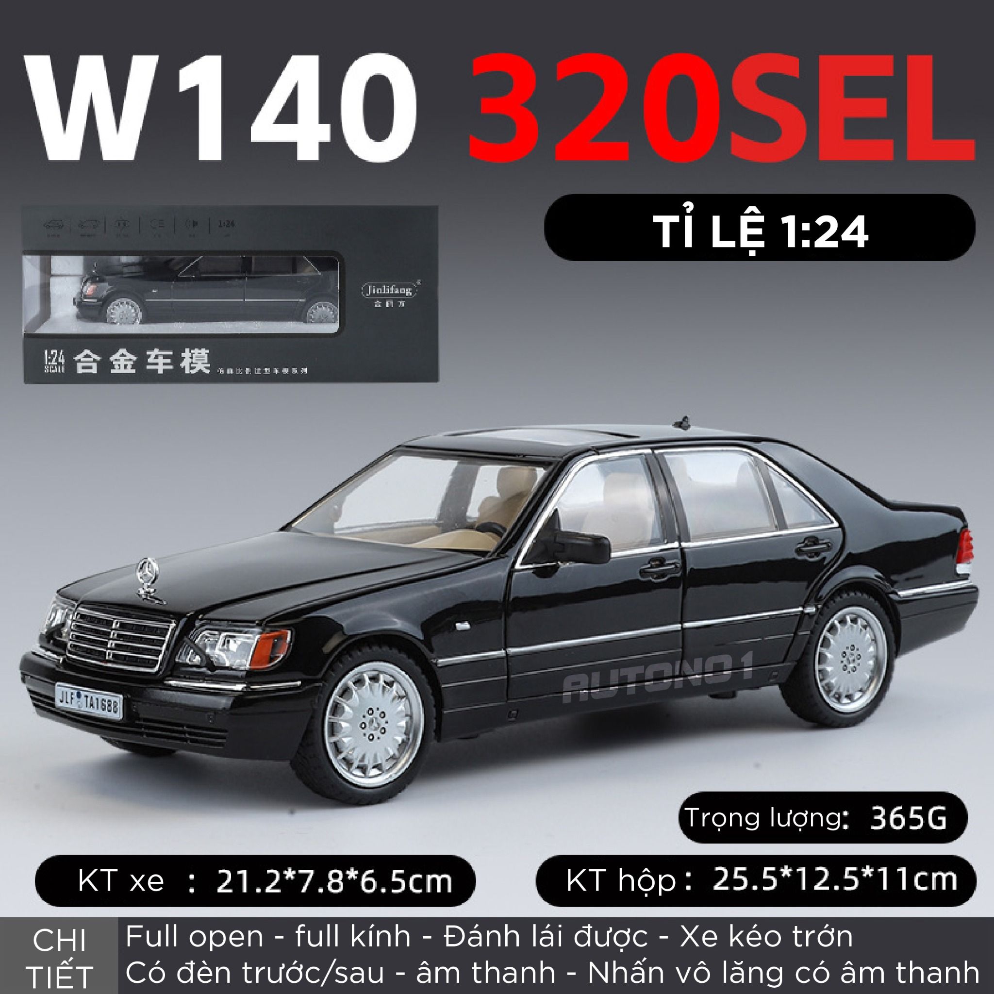 Mô hình xe cổ Mercedes-Benz W140 320SEL full open - full kính - đánh lái được - có đèn và âm thanh tỉ lệ 1:24 Jinlifang OT468
