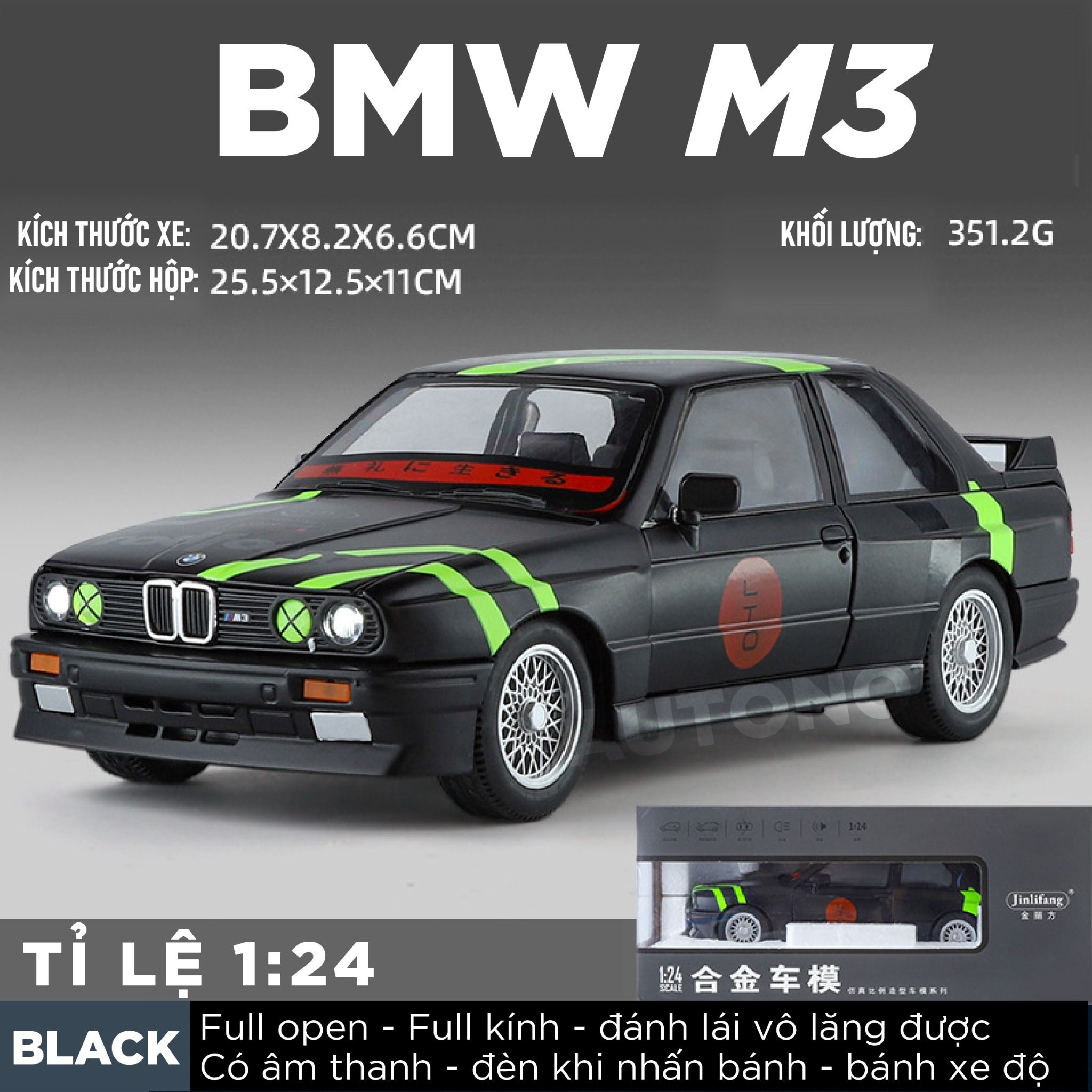 Mô hình xe BMW M3 series racing full open - full kính - đánh lái được tỉ lệ 1:24 JinliFang OT24039