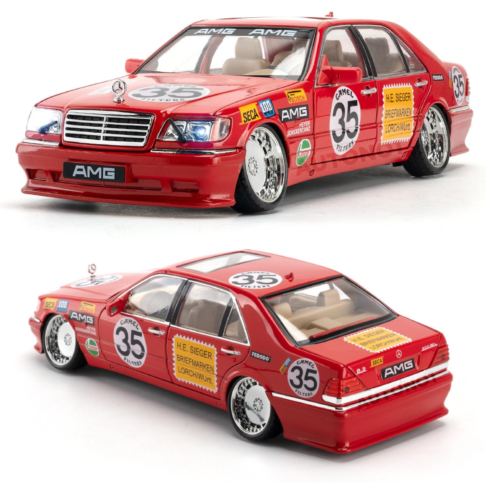 Mô hình xe Mercedes-Benz W140 - 300SEL JDM AMG race full open - full kính - có âm thanh - đèn tỉ lệ 1:24 Jinlifang OT495