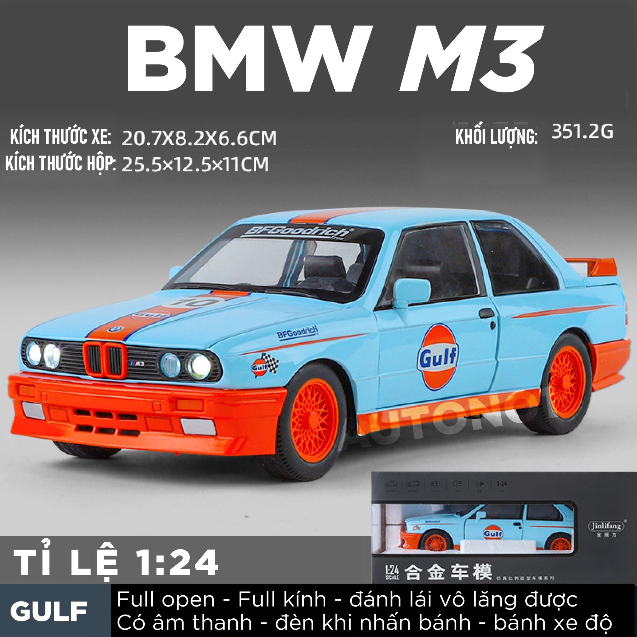 Mô hình xe BMW M3 series racing full open - full kính - đánh lái được tỉ lệ 1:24 JinliFang OT24039
