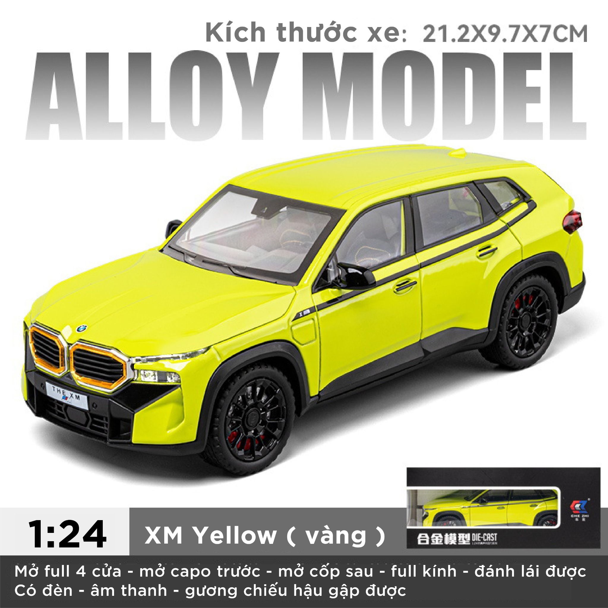 Mô hình xe BMW the XM full kính - full open - đánh lái được tỉ lệ 1:24 Chezhi OT448