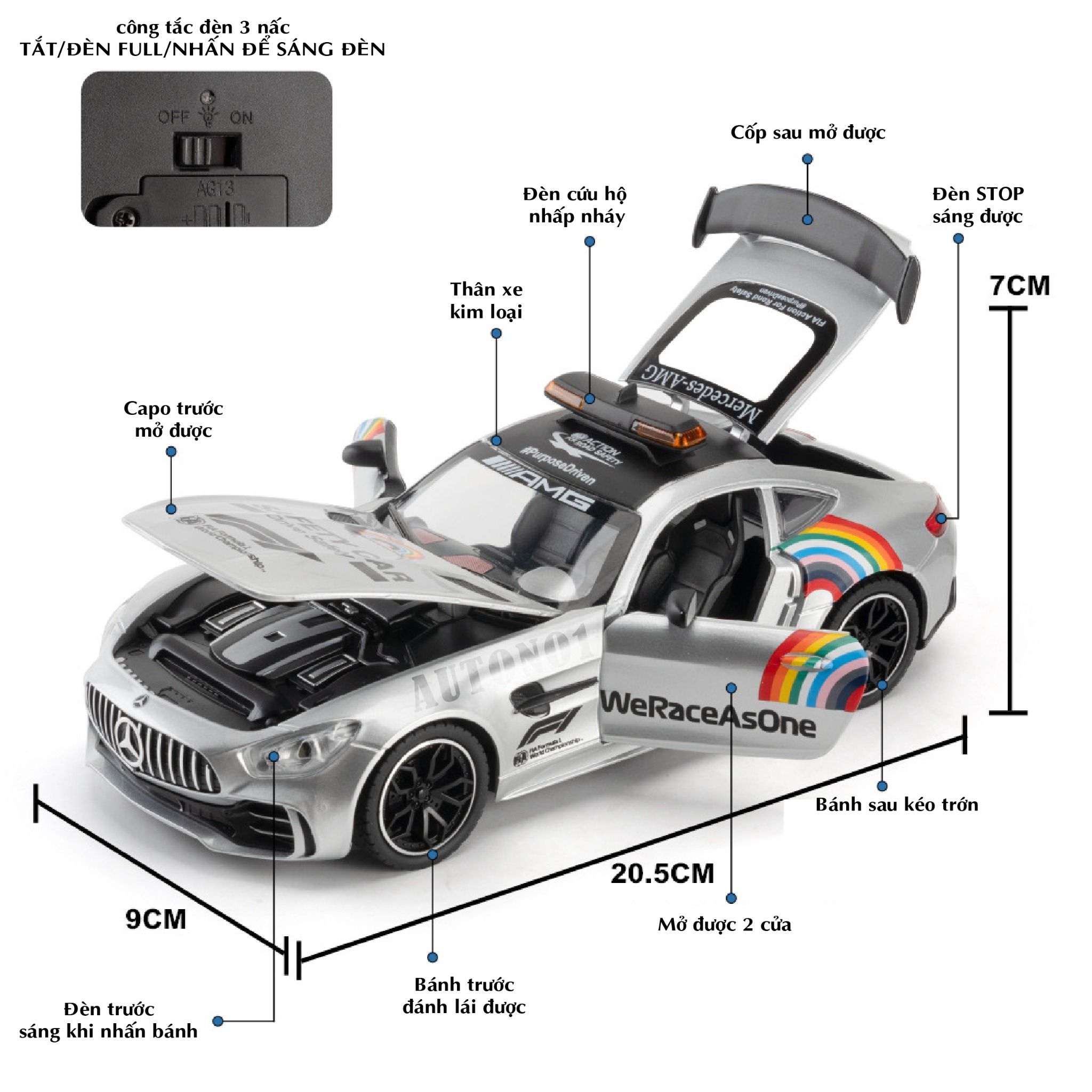 Mô hình xe dẫn đoàn đua F1 Mercedes Benz AMG GTR Safety car - full open - đánh lái - đèn - âm thanh tỉ lệ 1:24 Chezhi model OT600