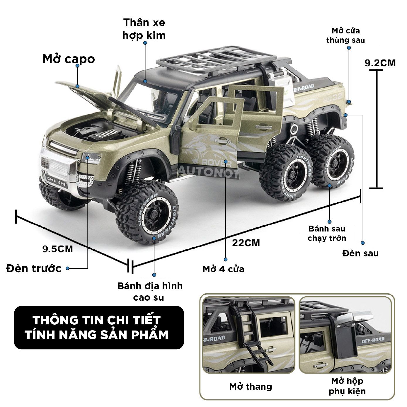 Mô hình xe Land Rover Defender 6x6 Offroad có đèn có âm thanh tỉ lệ 1:24 Chezhi OT430