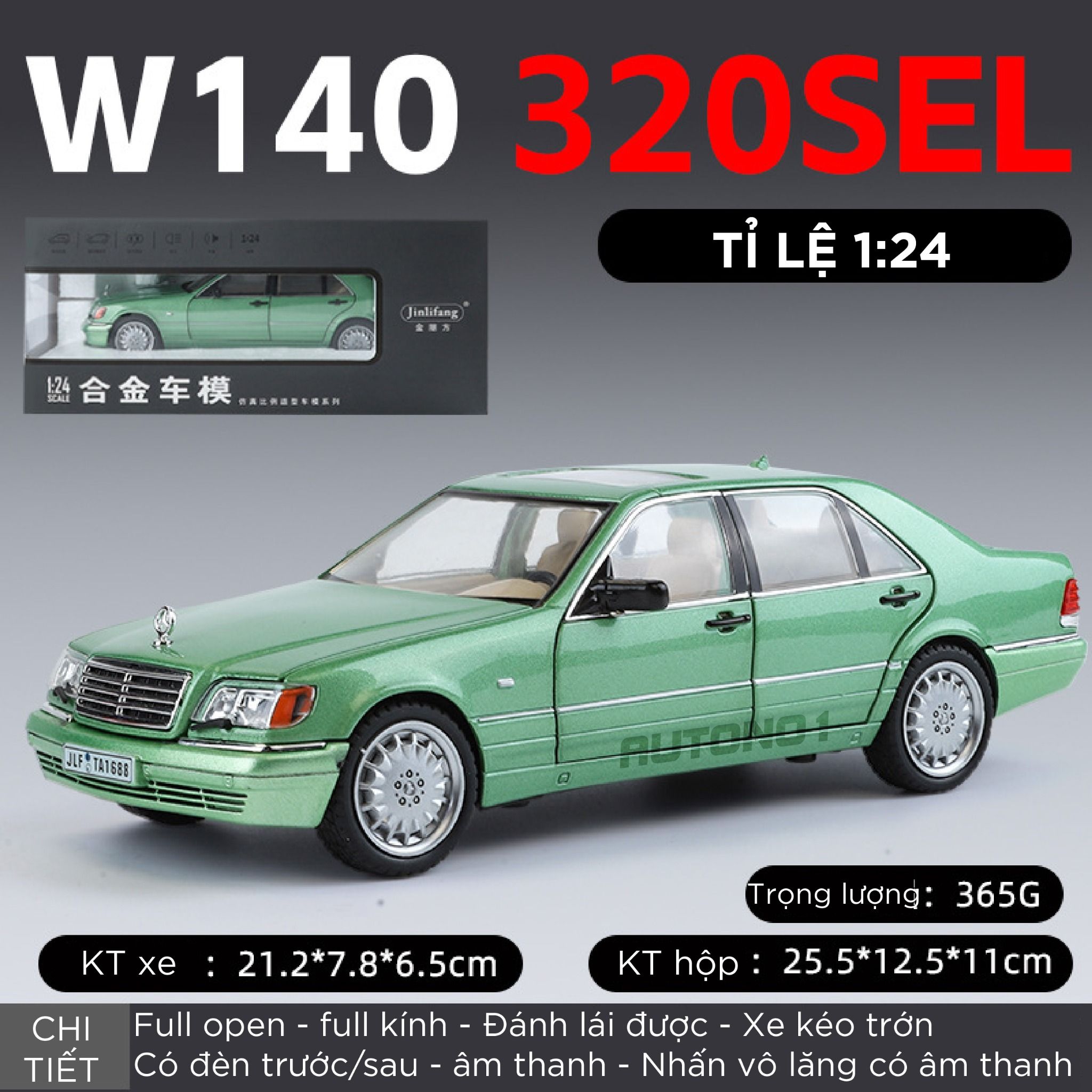Mô hình xe cổ Mercedes-Benz W140 320SEL full open - full kính - đánh lái được - có đèn và âm thanh tỉ lệ 1:24 Jinlifang OT468