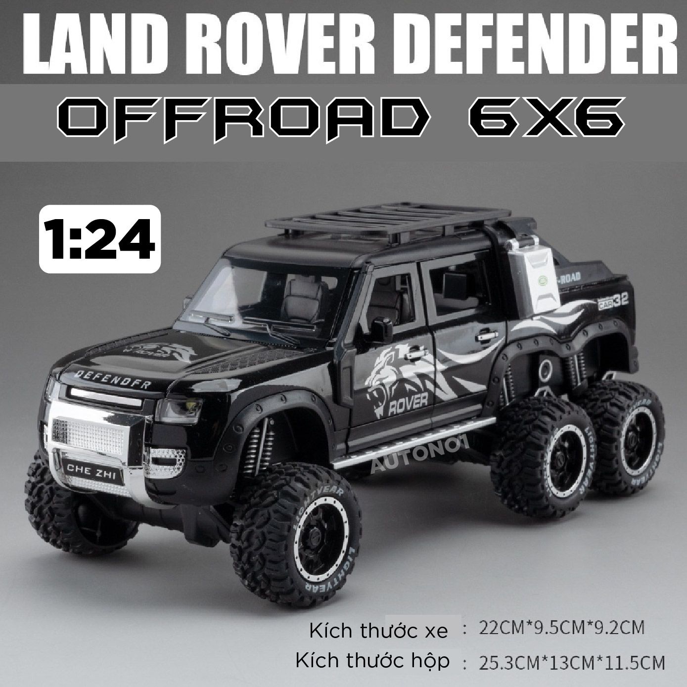 Mô hình xe Land Rover Defender 6x6 Offroad có đèn có âm thanh tỉ lệ 1:24 Chezhi OT430