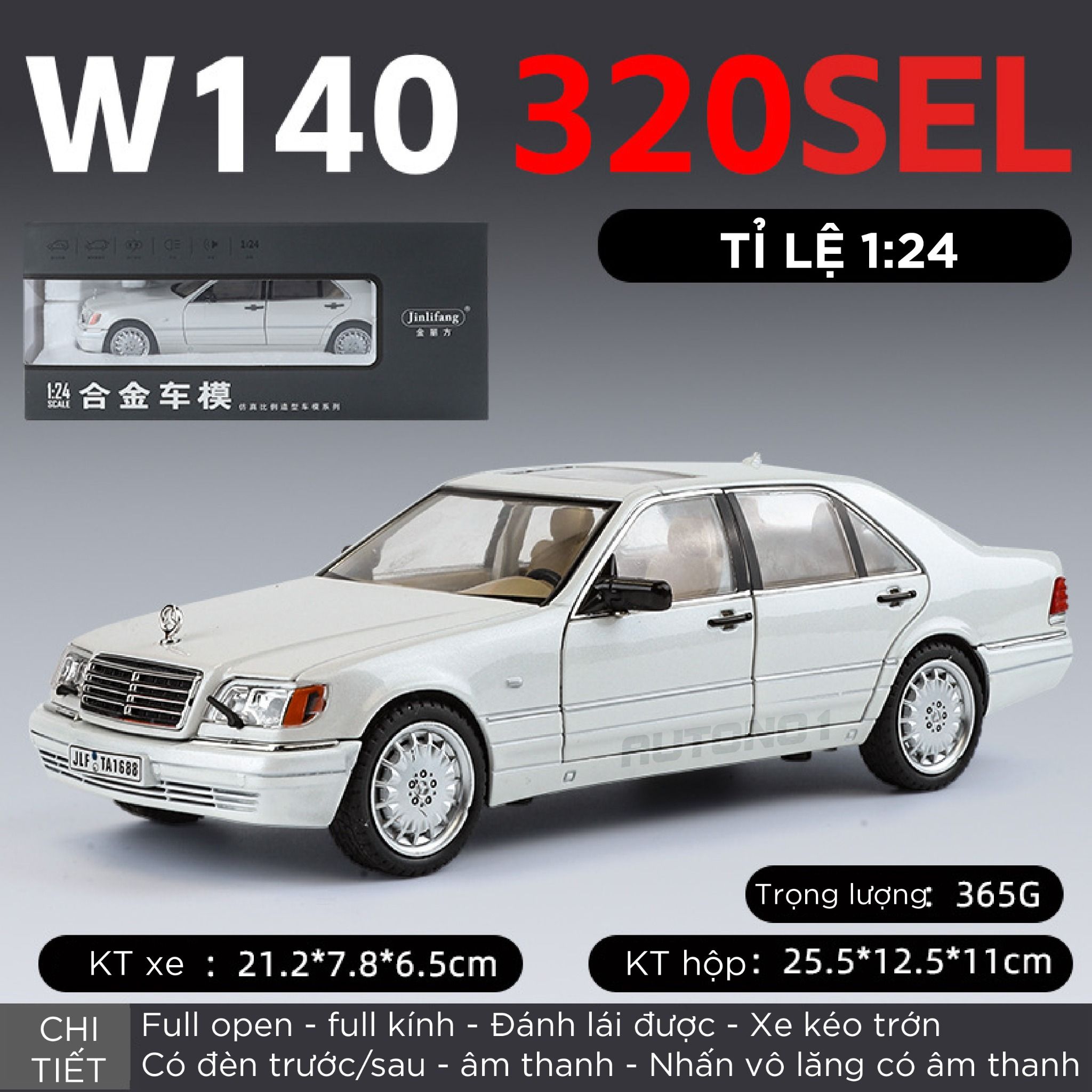Mô hình xe cổ Mercedes-Benz W140 320SEL full open - full kính - đánh lái được - có đèn và âm thanh tỉ lệ 1:24 Jinlifang OT468