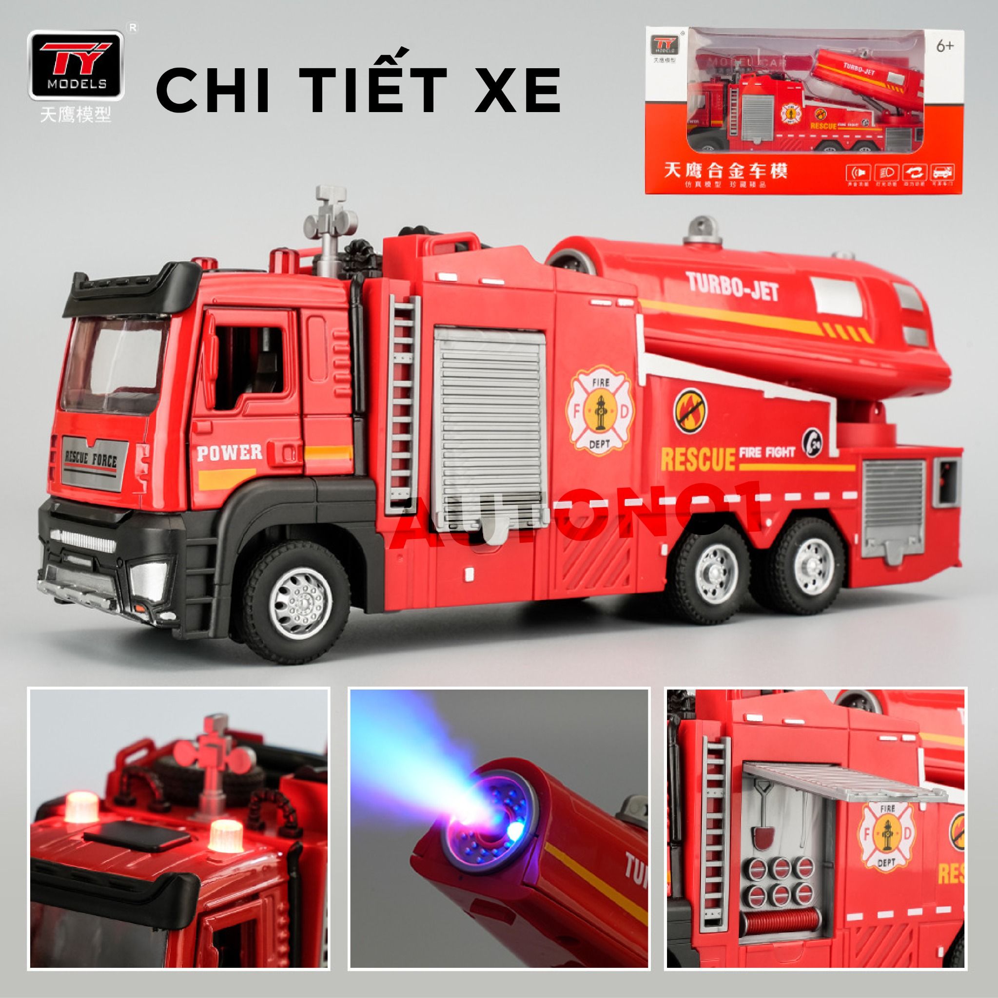 Mô hình xe cứu hỏa phun hơi nước/phun khói - có đèn - âm thanh tỉ lệ 1:32 Ty models OT32045