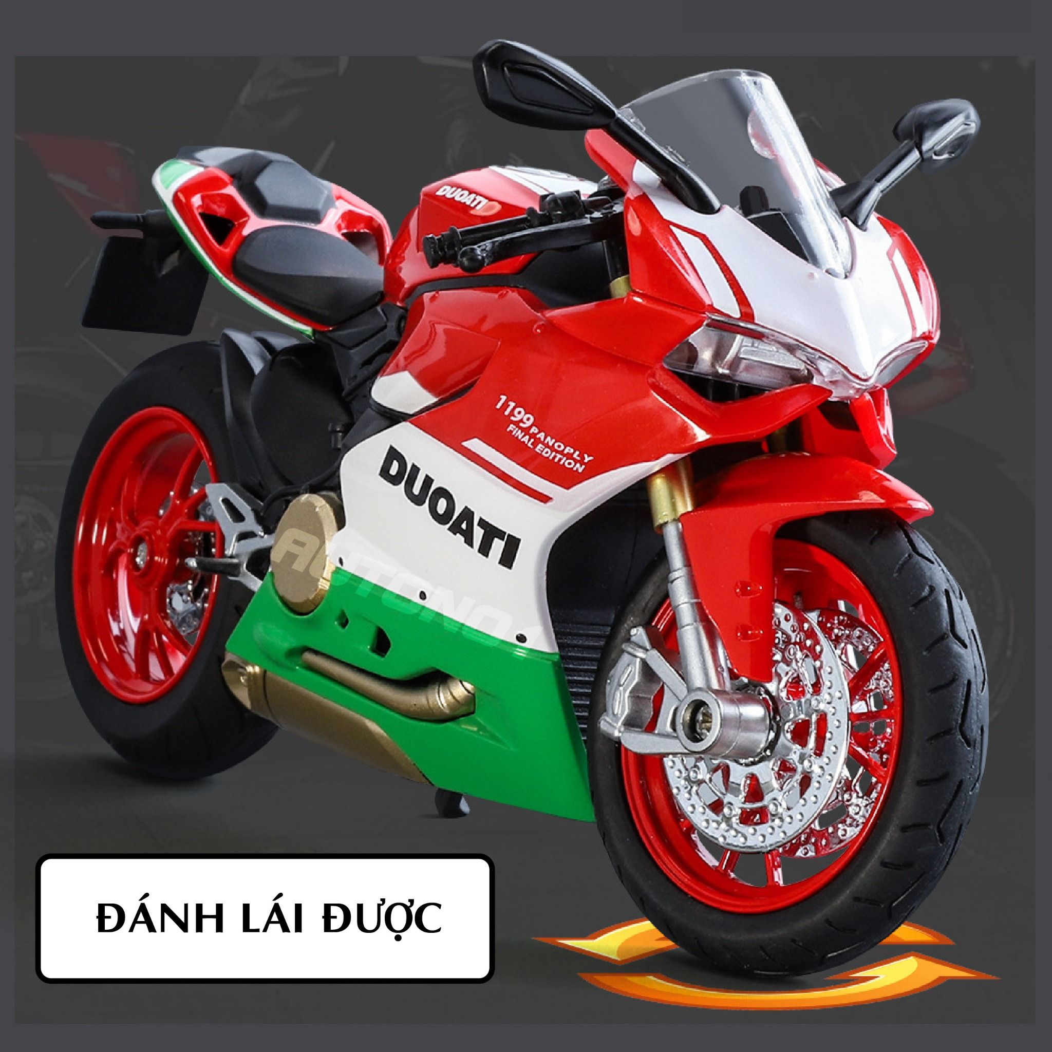 Mô hình xe mô tô Ducati Final Edition - 1199 tricolor có ben nâng - đèn - âm thanh tỉ lệ 1:12 Huayi Alloy MT088