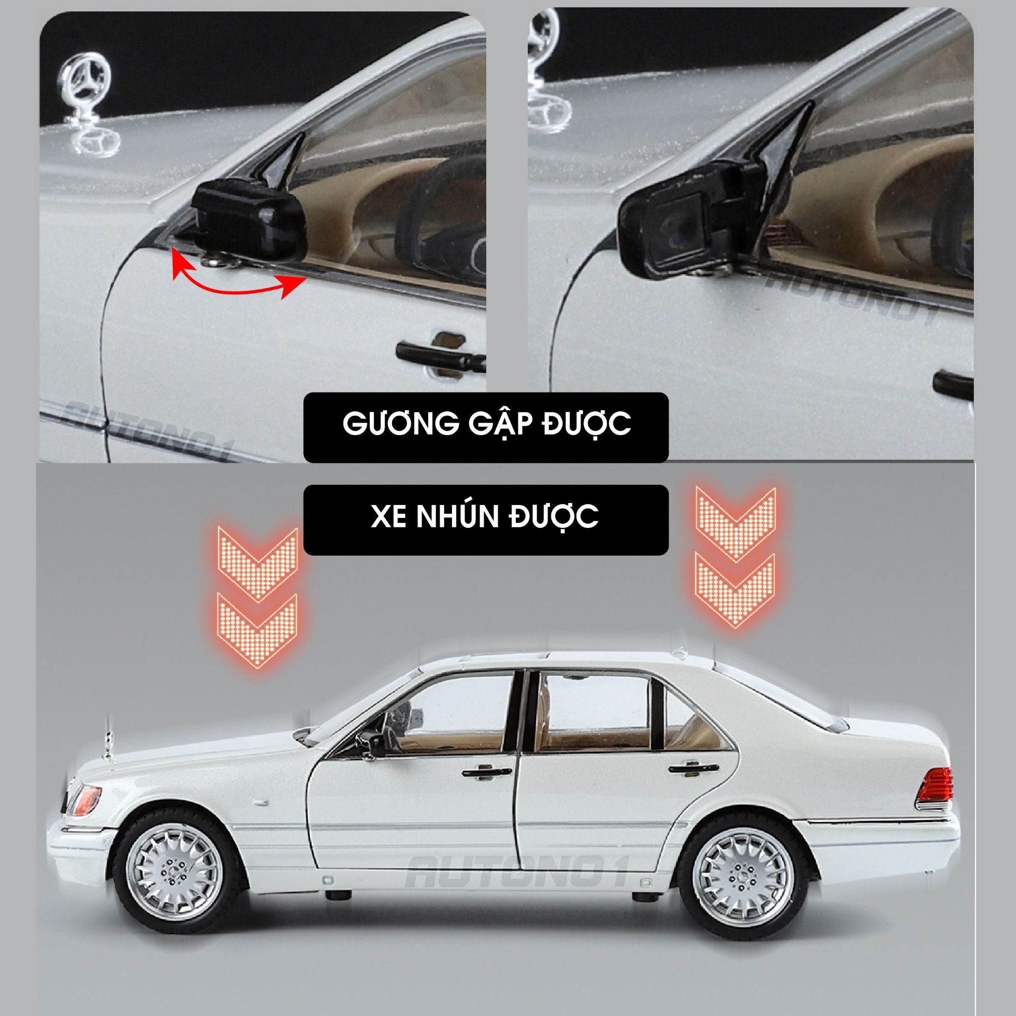 Mô hình xe cổ Mercedes-Benz W140 320SEL full open - full kính - đánh lái được - có đèn và âm thanh tỉ lệ 1:24 Jinlifang OT468