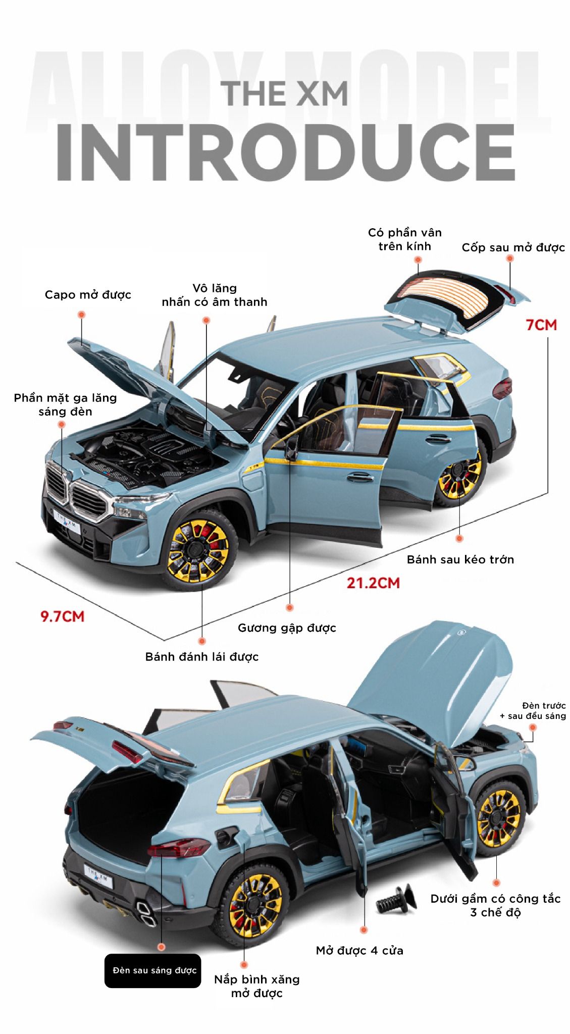 Mô hình xe BMW the XM full kính - full open - đánh lái được tỉ lệ 1:24 Chezhi OT448
