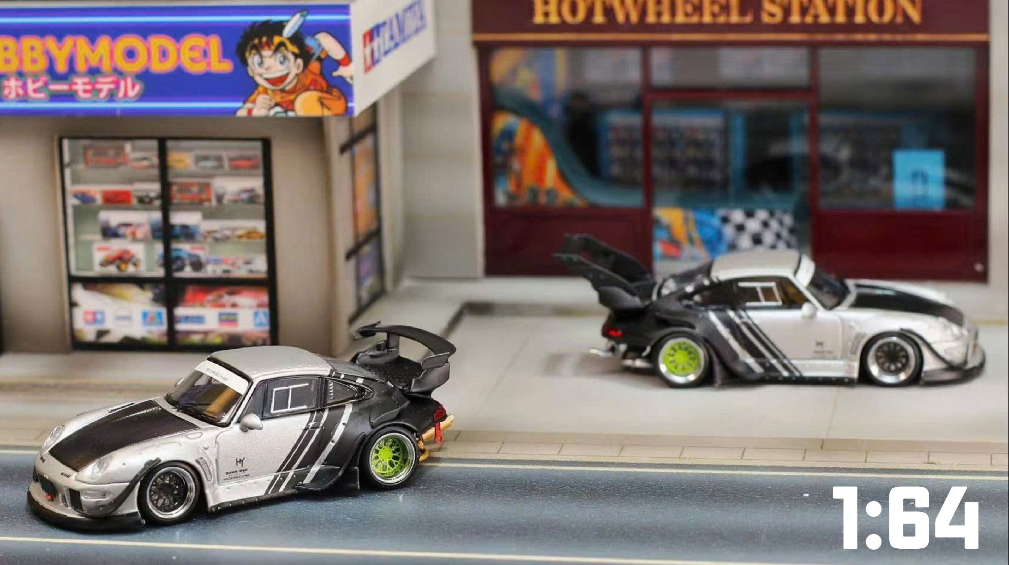 Mô hình xe Porsche Rauth Welt RWB 993 GT wipe body silver - carbon rear wing tỉ lệ 1:64 Street Weapon OT64449