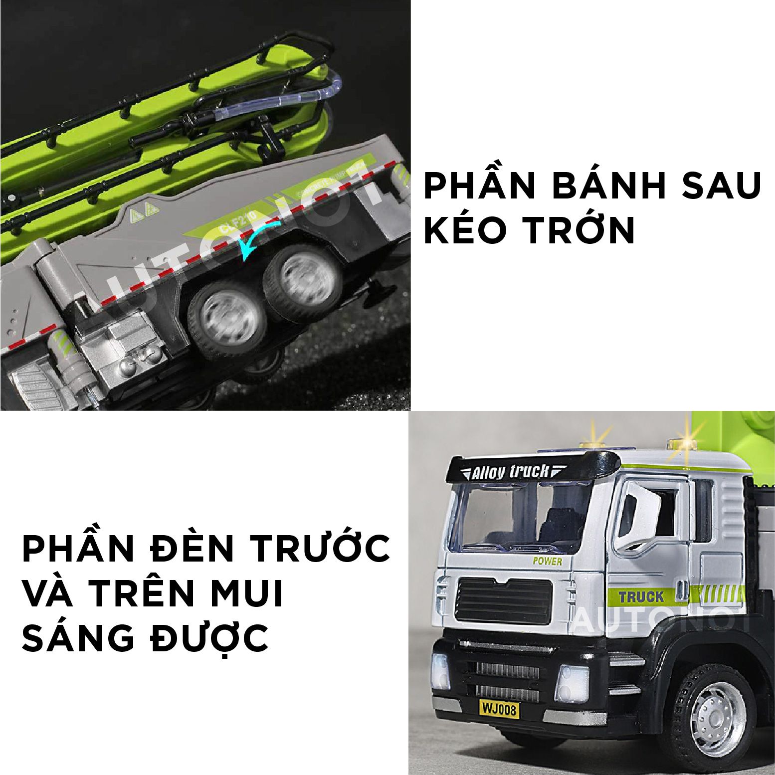 Mô hình xe công trình bơm bê tông cần bơm 52cm phun nước có đèn - âm thanh tỉ lệ 1:32 Alloy model OT485