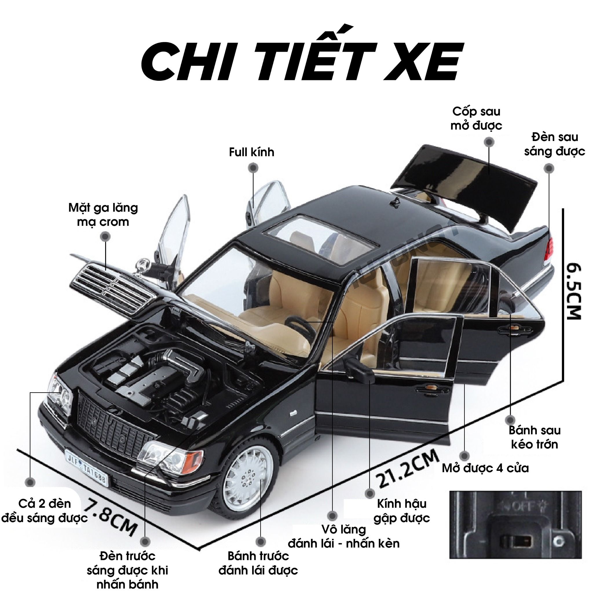 Mô hình xe cổ Mercedes-Benz W140 320SEL full open - full kính - đánh lái được - có đèn và âm thanh tỉ lệ 1:24 Jinlifang OT468