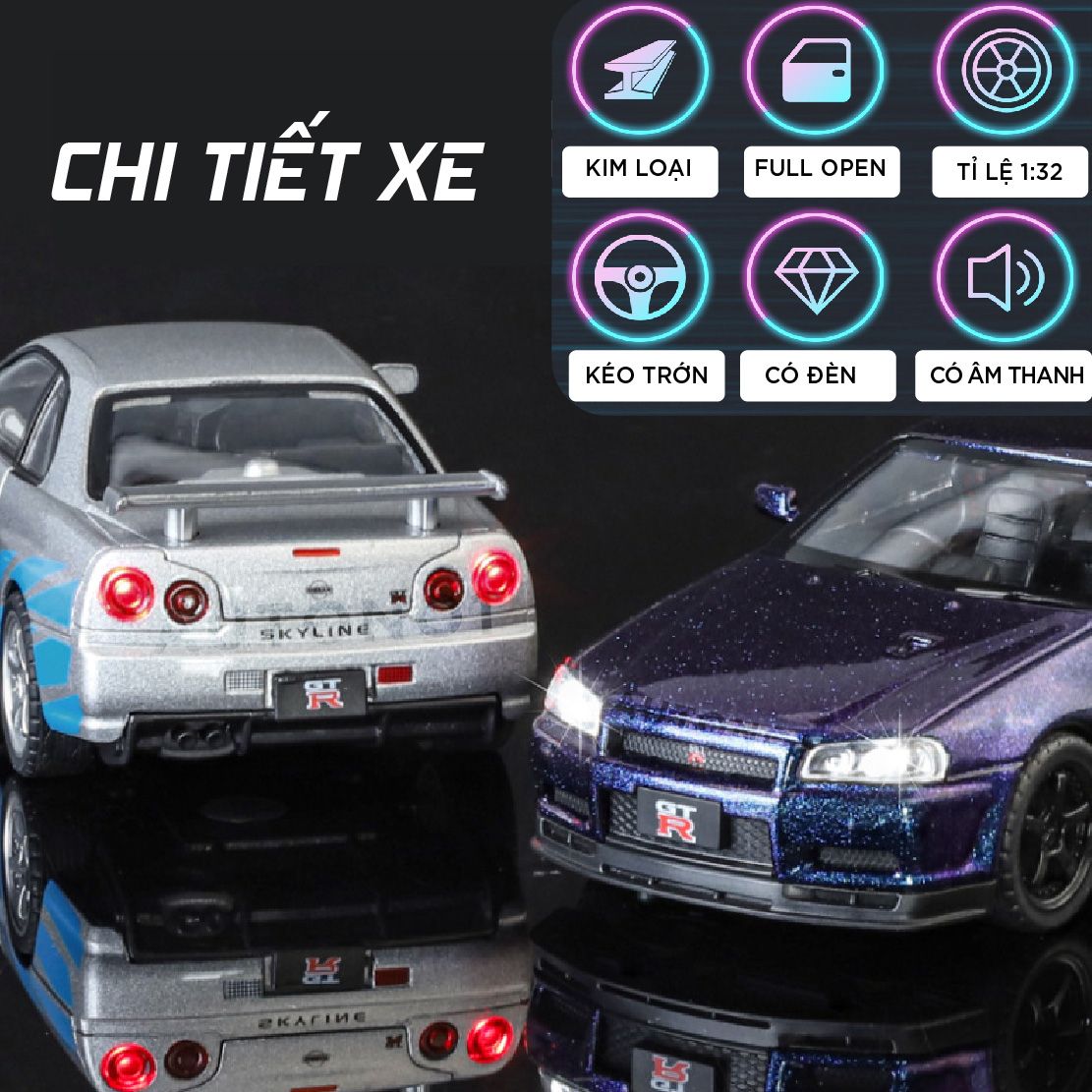 Mô hình xe ô tô Nissan GT-R R34 Fast & Furious full open - full kính - có đèn - âm thanh tỉ lệ 1:32 Jinlifiang OT574