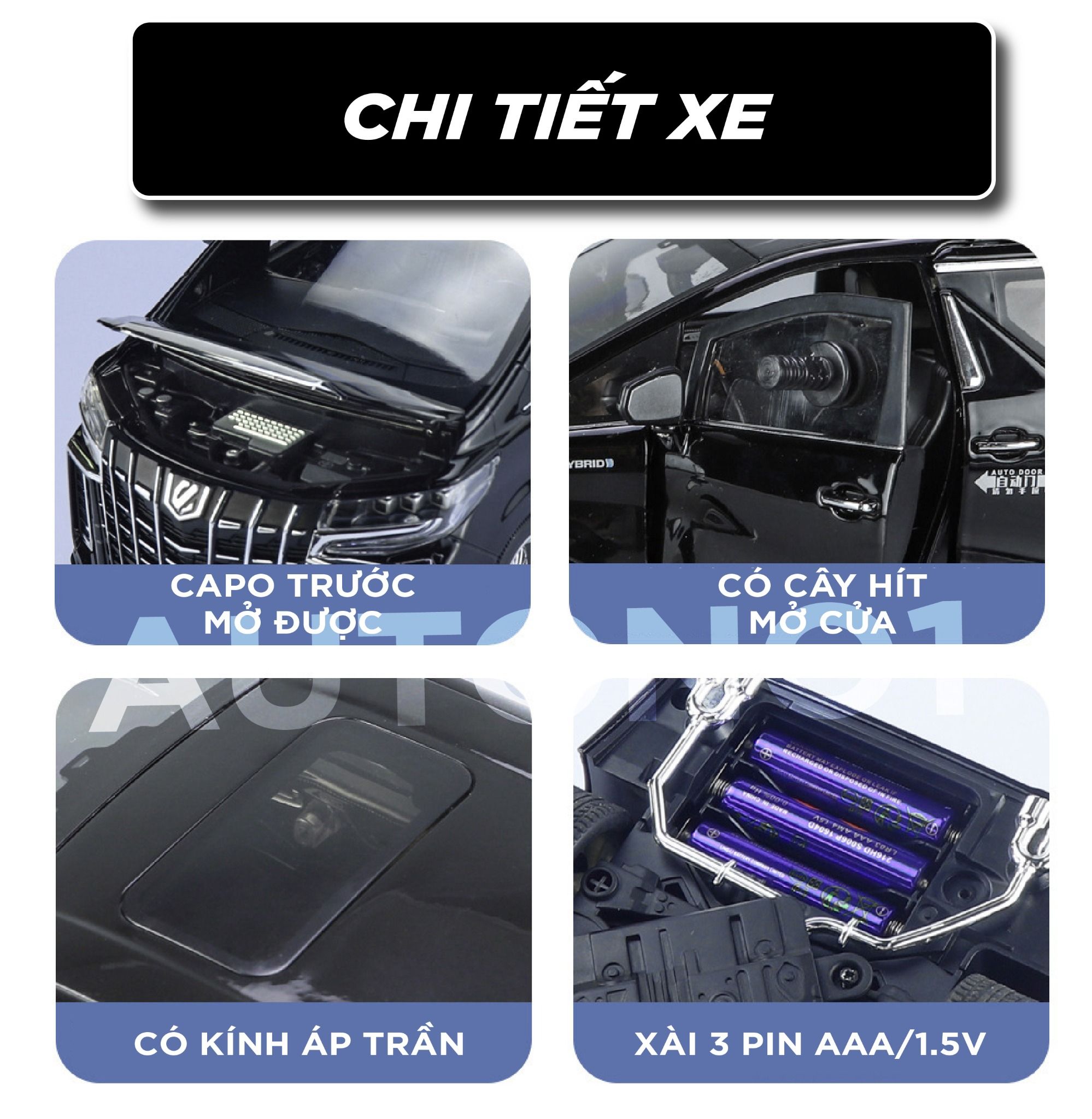 Mô hình xe Toyota Alphard 2023 full open - âm thanh - đèn cửa tự động mở tỉ lệ 1:18 Alloy model OT377