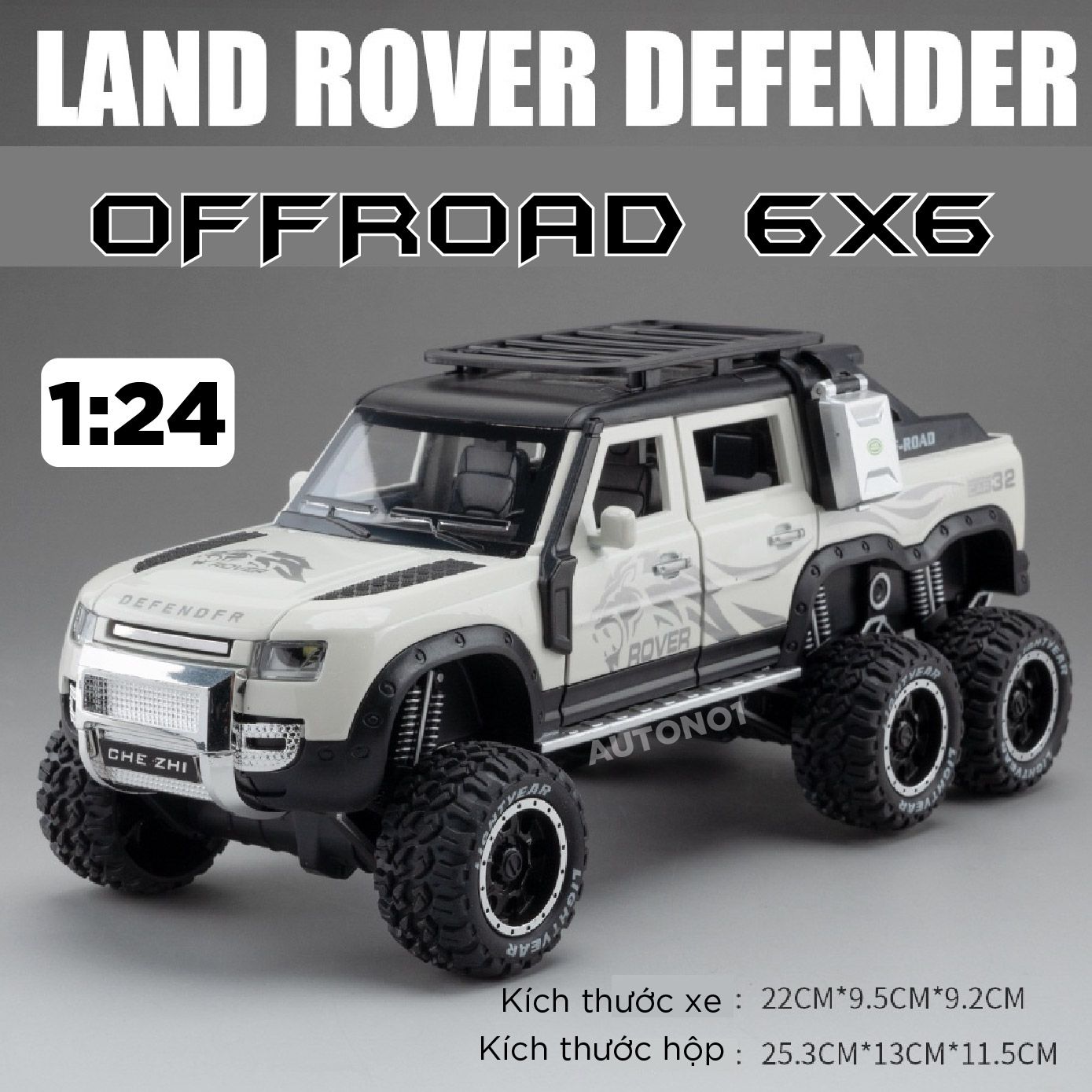 Mô hình xe Land Rover Defender 6x6 Offroad có đèn có âm thanh tỉ lệ 1:24 Chezhi OT430