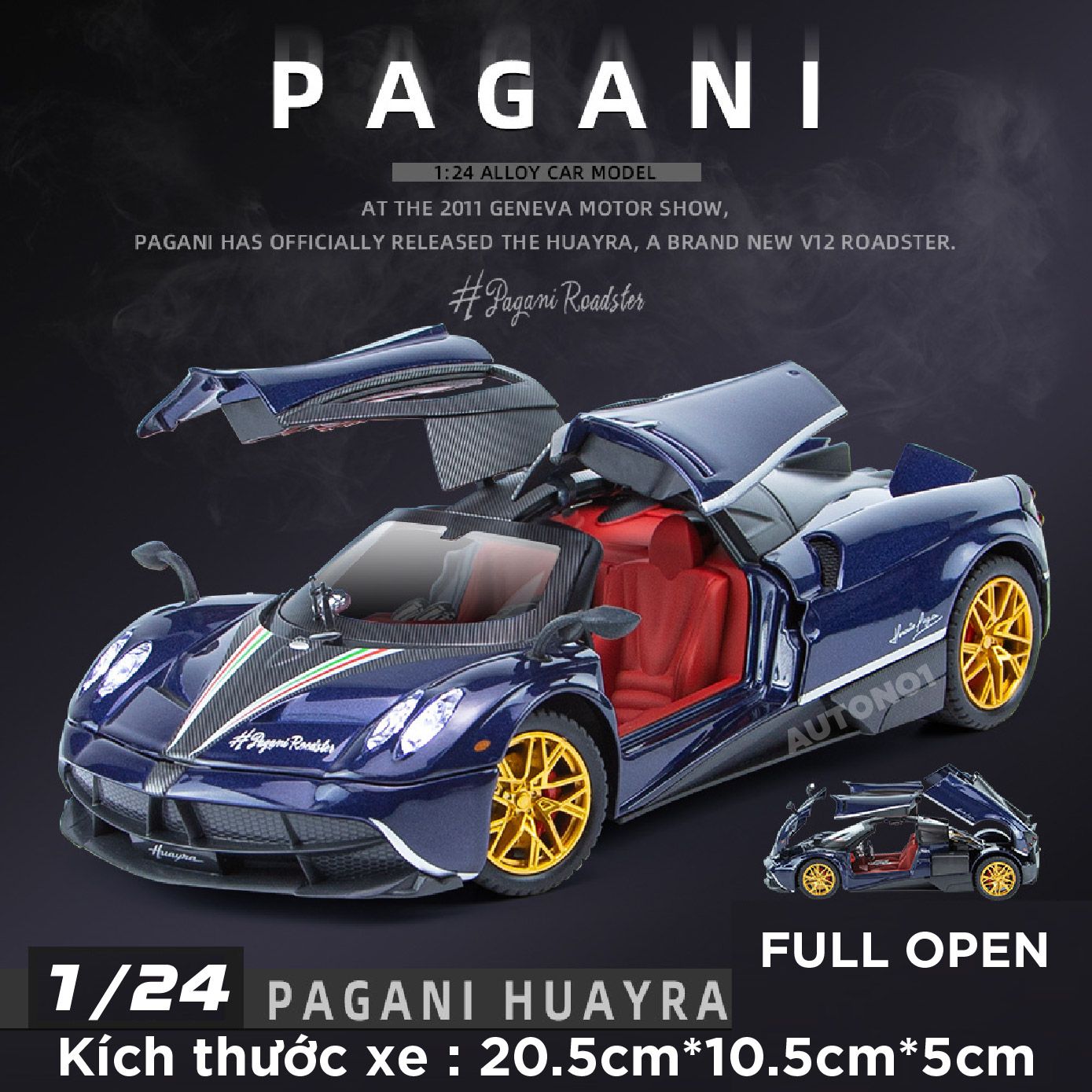 Mô hình xe Pagani Huayra Dinastia phun khói - đánh lái được - full open tỉ lệ 1:24 Chezhi OT479