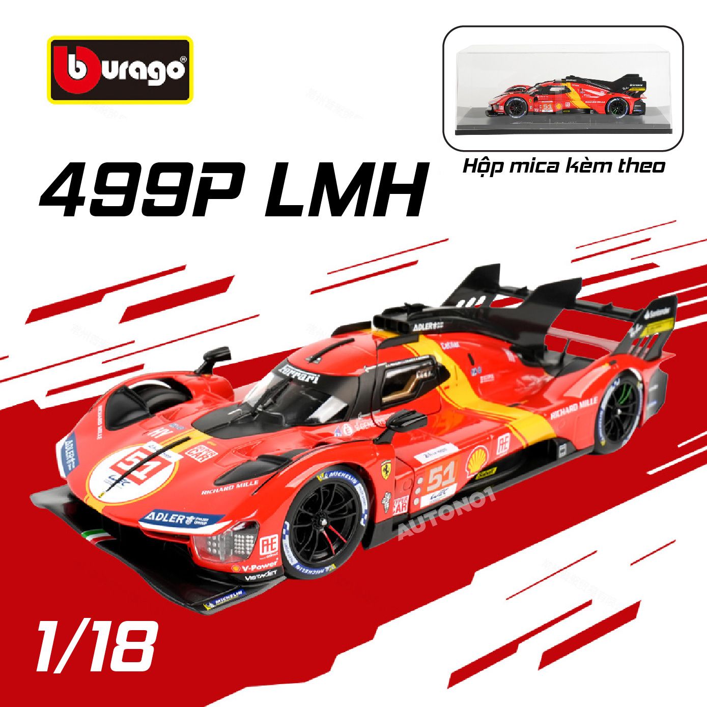 Mô hình xe Ferrari 499P 3.0L turbo V6 team Ferrari Corse #51 có hộp mica tỉ lệ 1:18 Bburago OT554