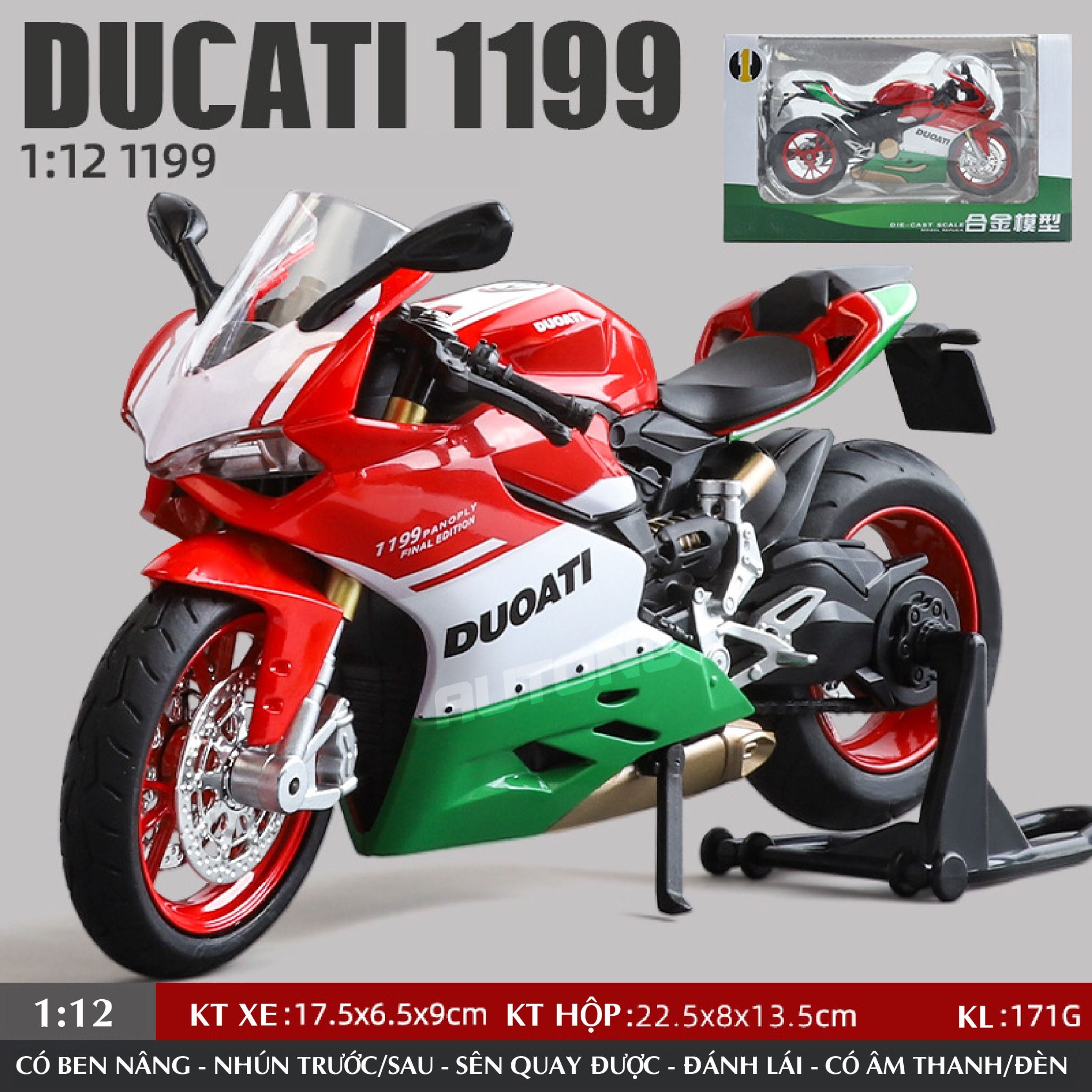 Mô hình xe mô tô Ducati Final Edition - 1199 tricolor có ben nâng - đèn - âm thanh tỉ lệ 1:12 Huayi Alloy MT088