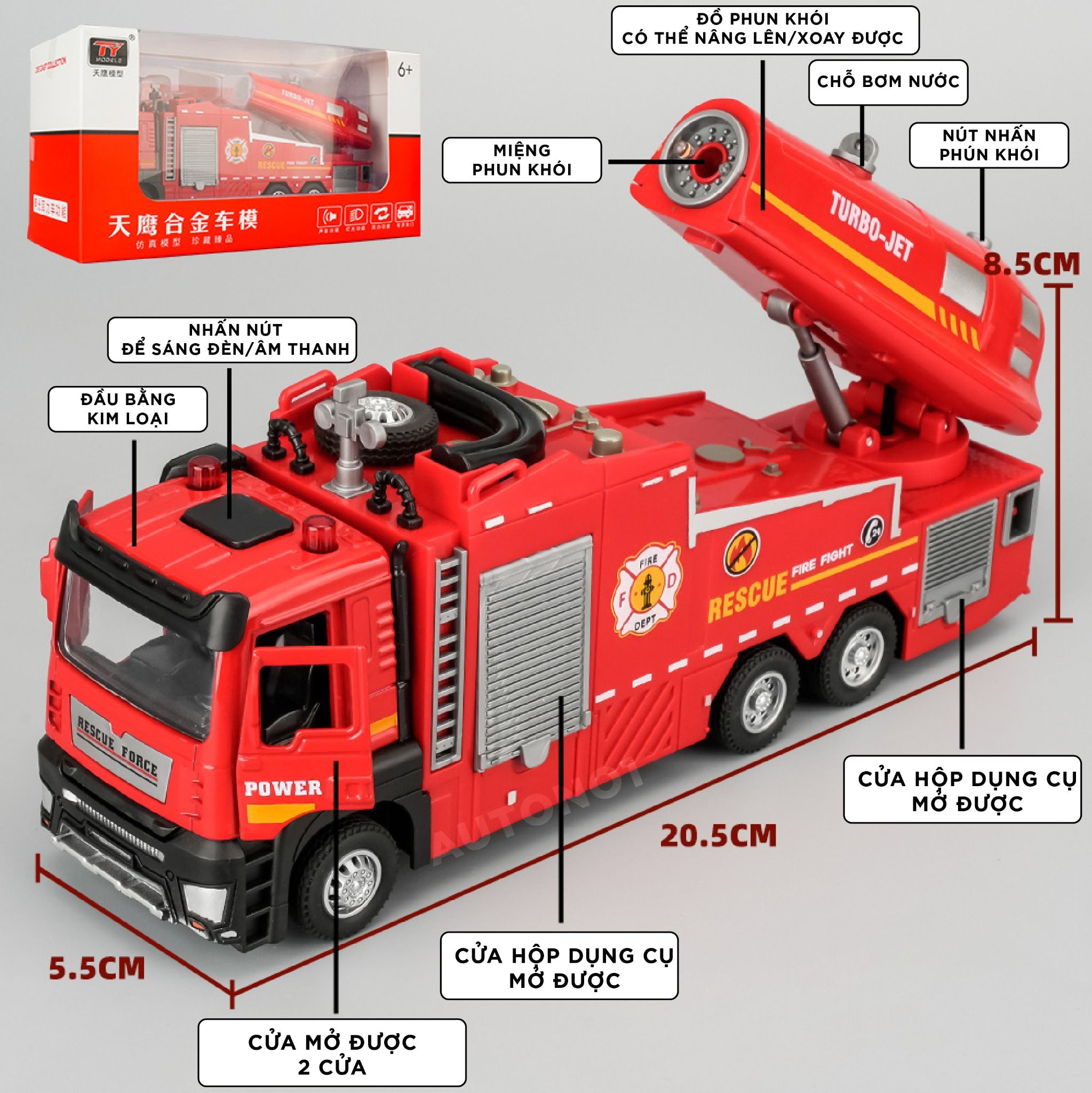 Mô hình xe cứu hỏa phun hơi nước/phun khói - có đèn - âm thanh tỉ lệ 1:32 Ty models OT32045