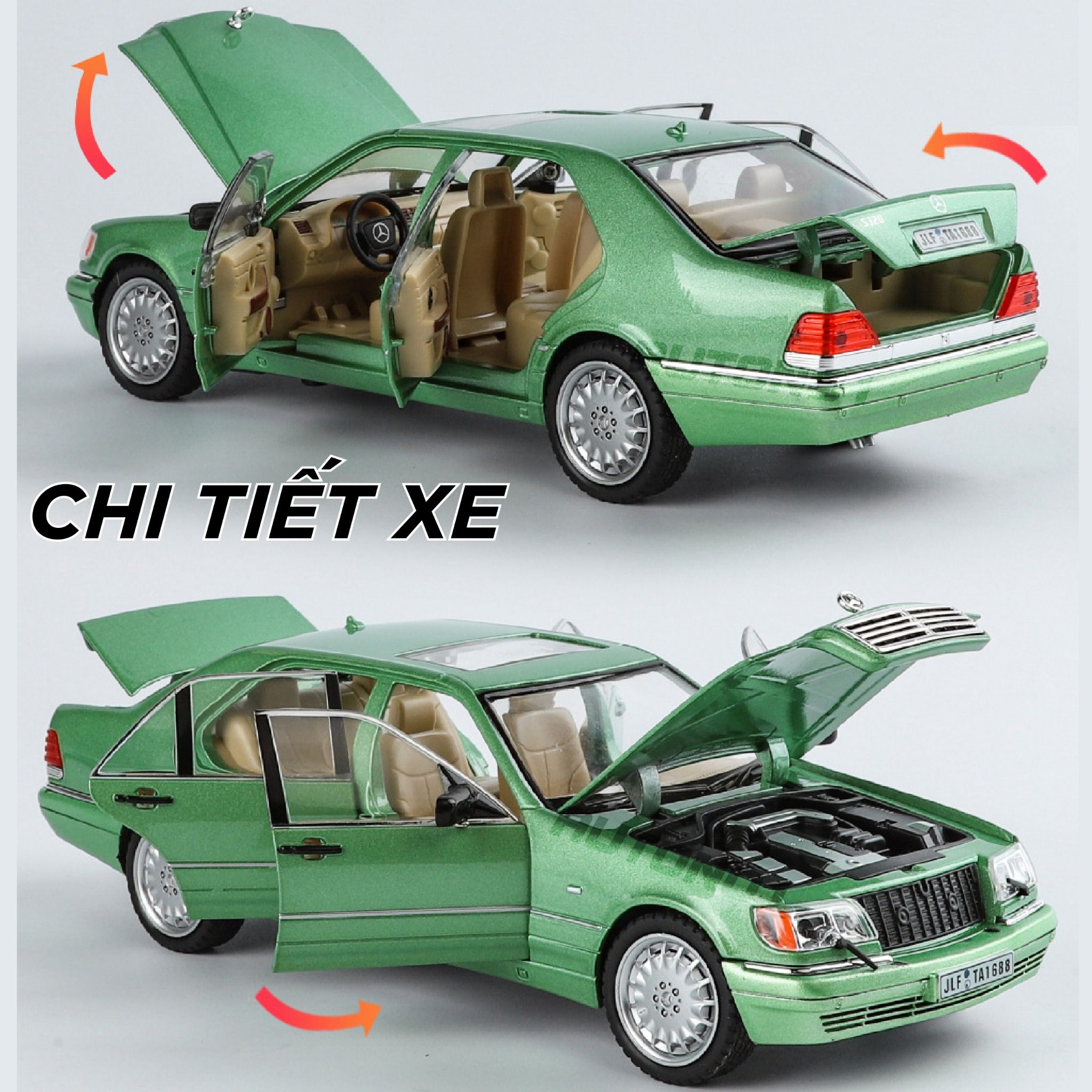 Mô hình xe cổ Mercedes-Benz W140 320SEL full open - full kính - đánh lái được - có đèn và âm thanh tỉ lệ 1:24 Jinlifang OT468