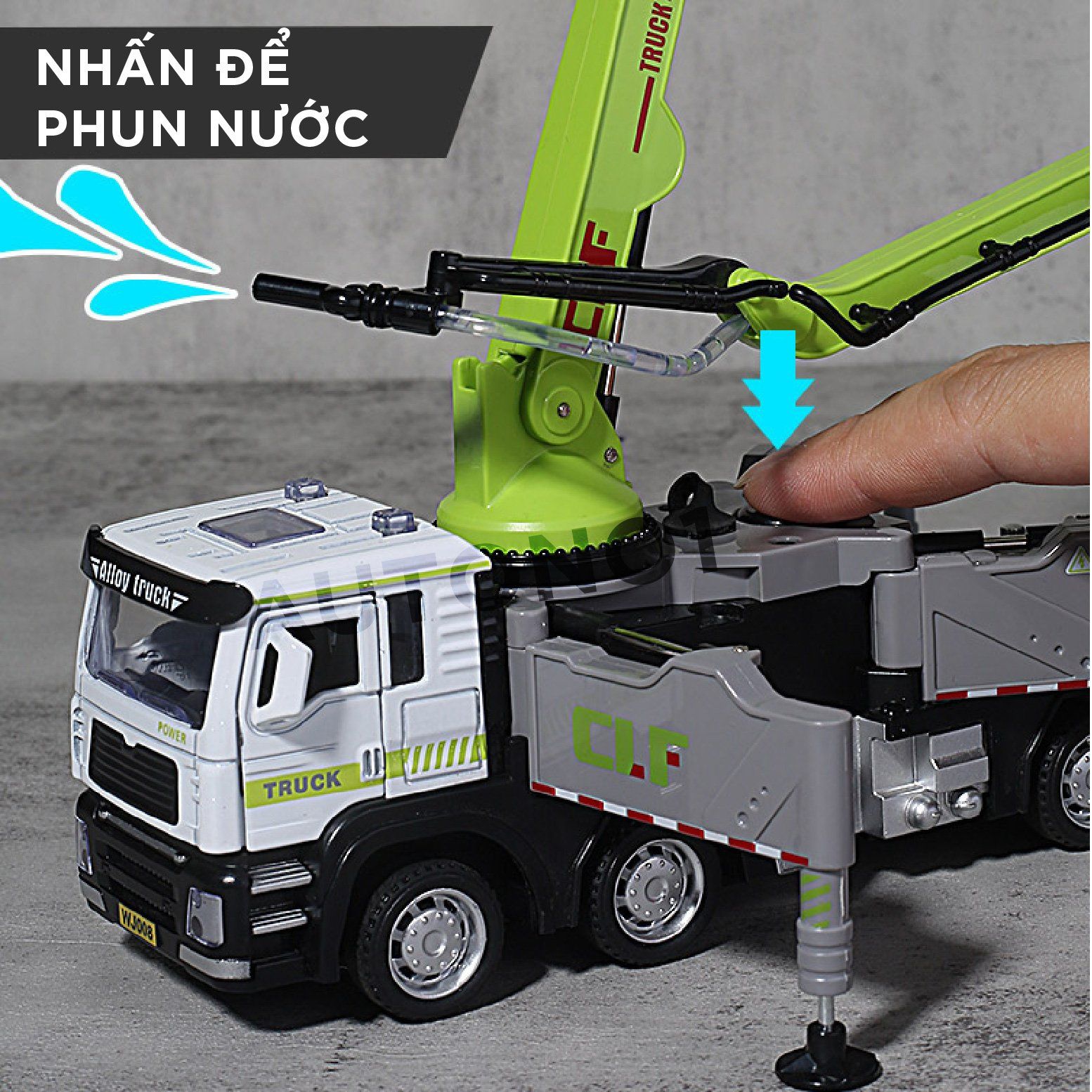 Mô hình xe công trình bơm bê tông cần bơm 52cm phun nước có đèn - âm thanh tỉ lệ 1:32 Alloy model OT485