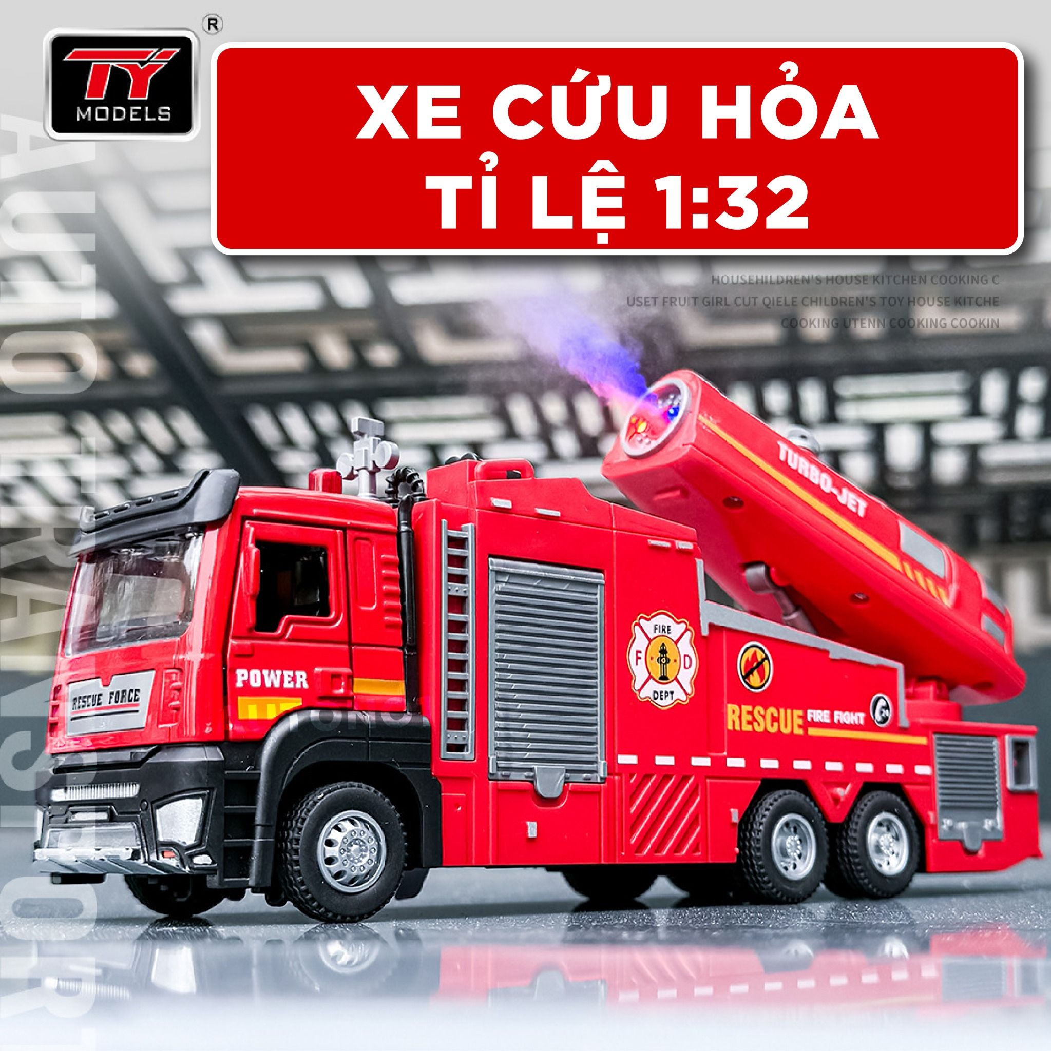 Mô hình xe cứu hỏa phun hơi nước/phun khói - có đèn - âm thanh tỉ lệ 1:32 Ty models OT32045