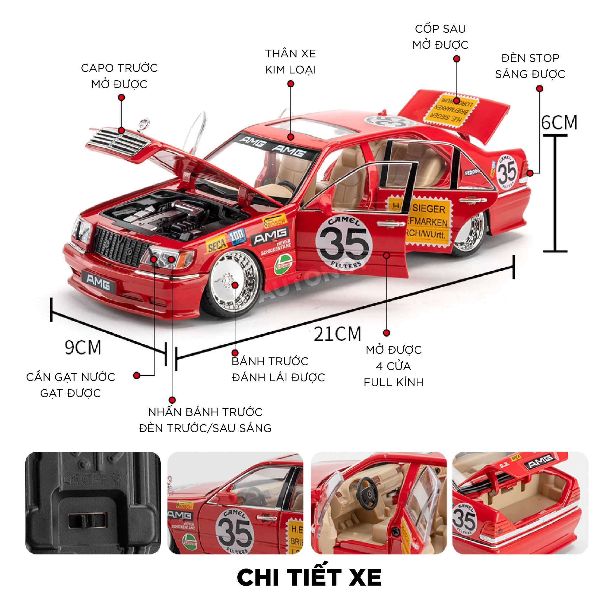 Mô hình xe Mercedes-Benz W140 - 300SEL JDM AMG race full open - full kính - có âm thanh - đèn tỉ lệ 1:24 Jinlifang OT495
