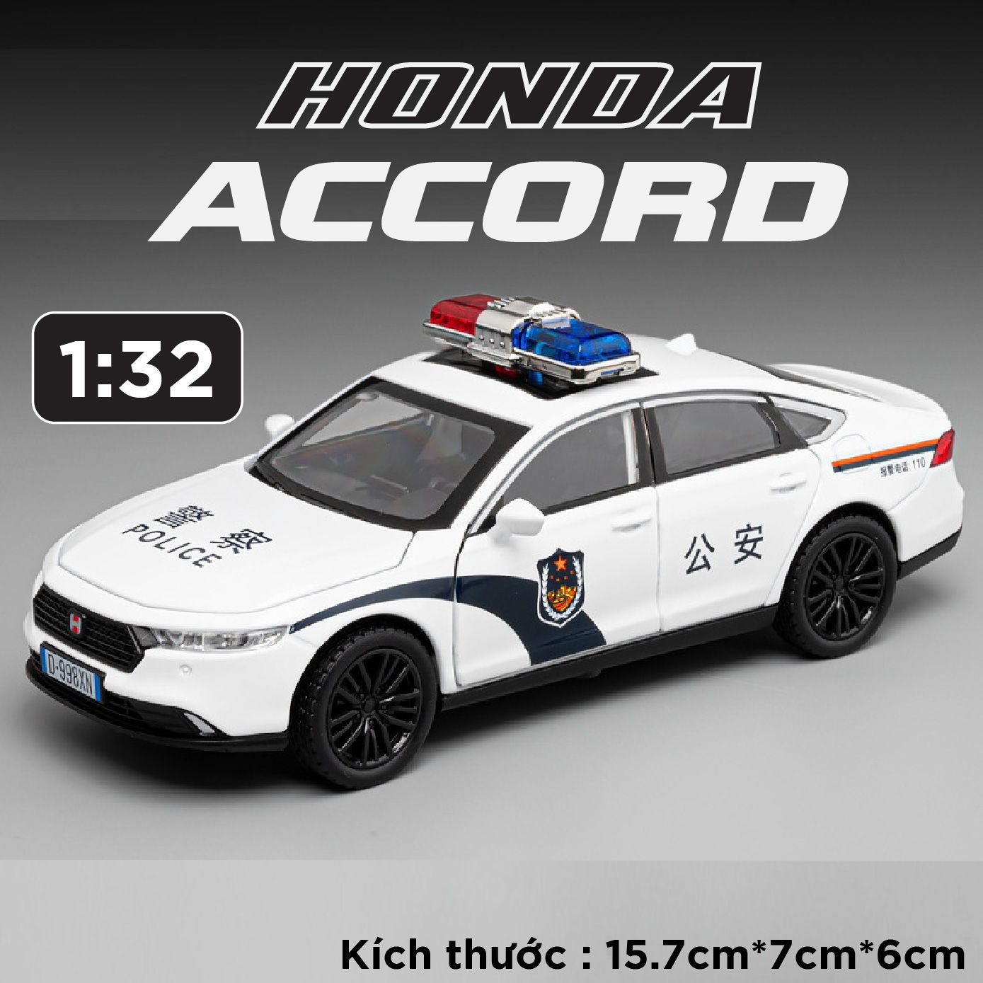 Mô hình xe Honda Accord 2024 Police full open - có đèn - âm thanh tỉ lệ 1:32 Alloy Model OT553